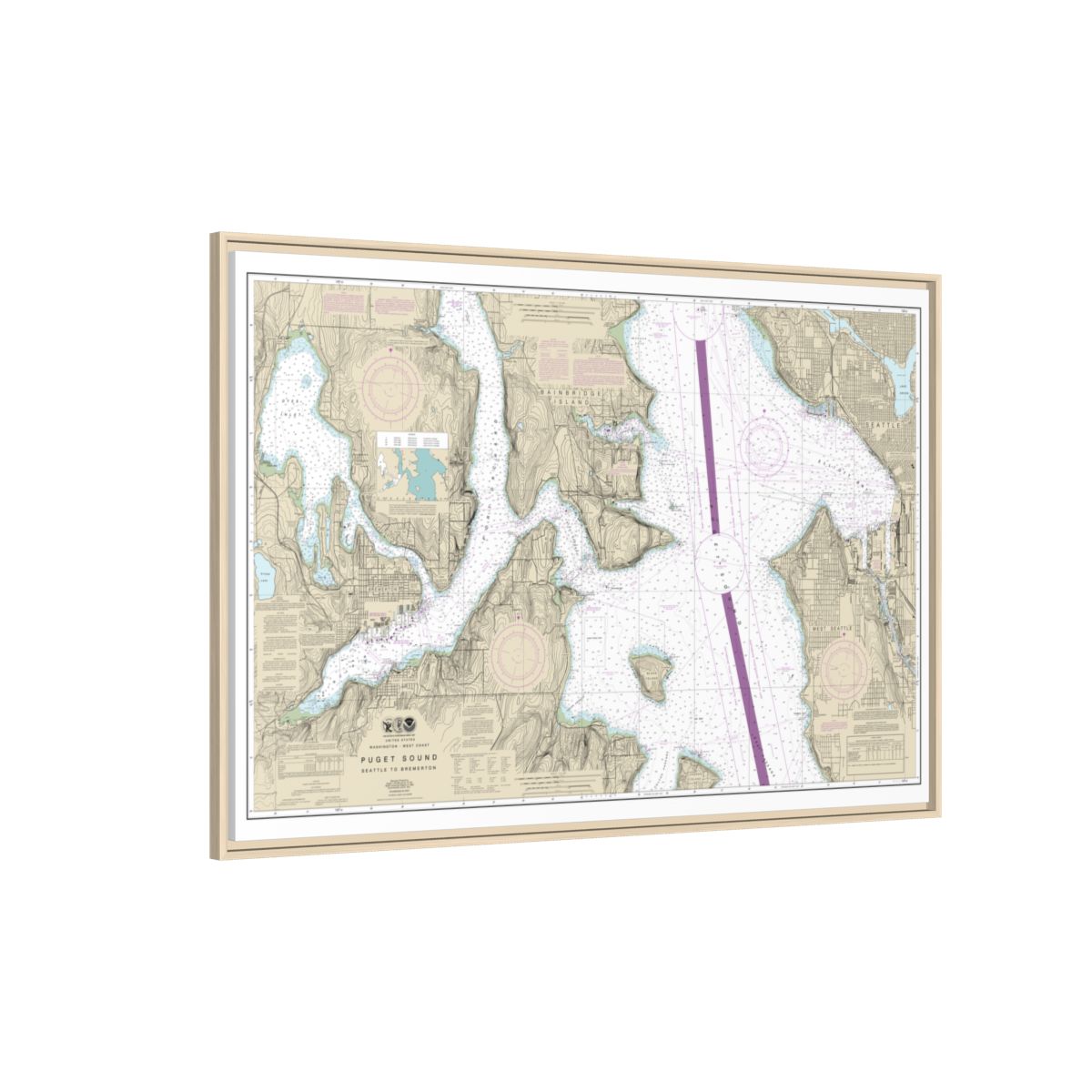 Chart 18449 Puget Sound-Seattle to Bremerton - NOAA Nautical Chart Floating Frame Canvas | 30" x 20" | 36" x 24" | 48" x 32" - Natural side