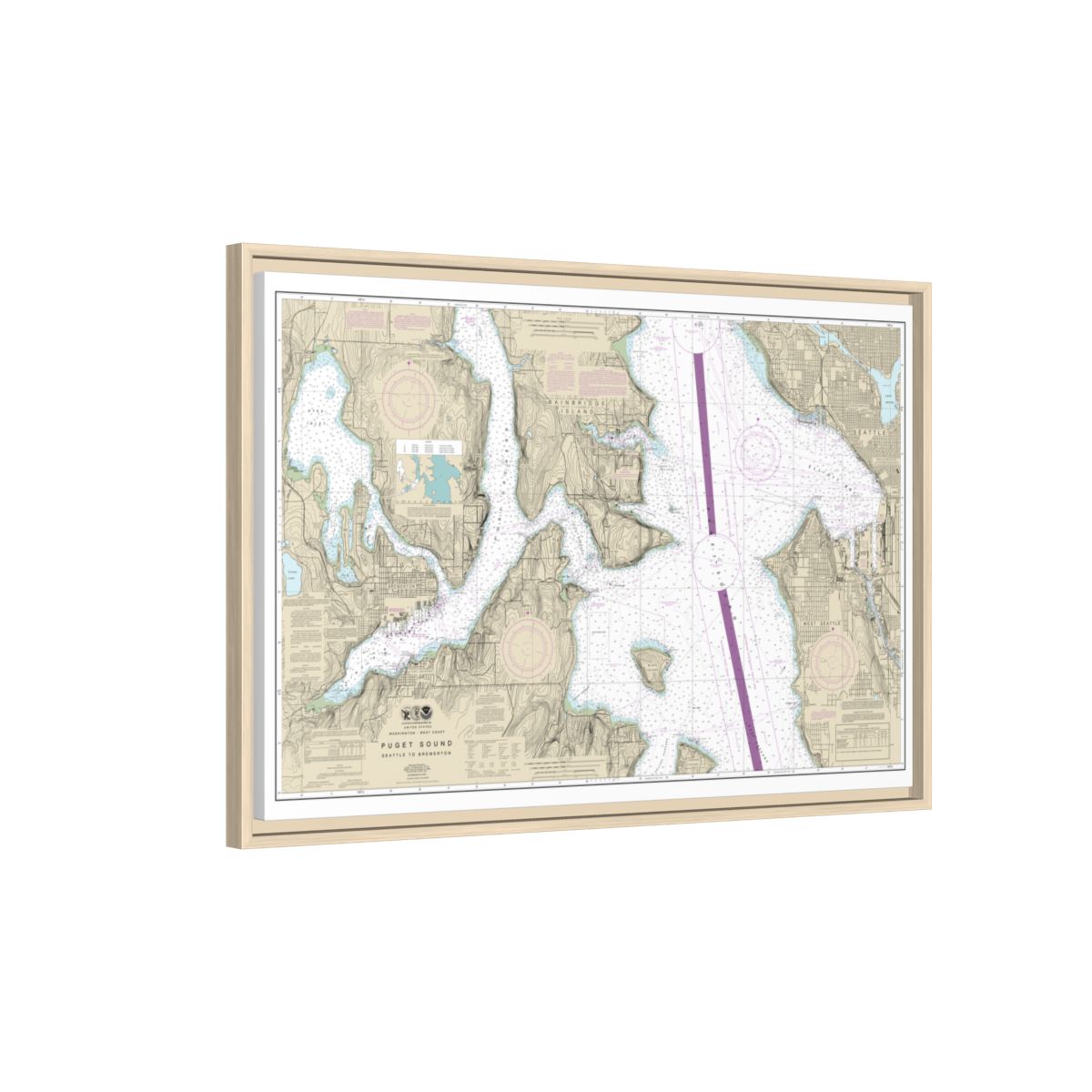 Chart 18449 Puget Sound-Seattle to Bremerton - NOAA Nautical Chart Floating Frame Canvas | 30" x 20" | 36" x 24" | 48" x 32" - Natural side