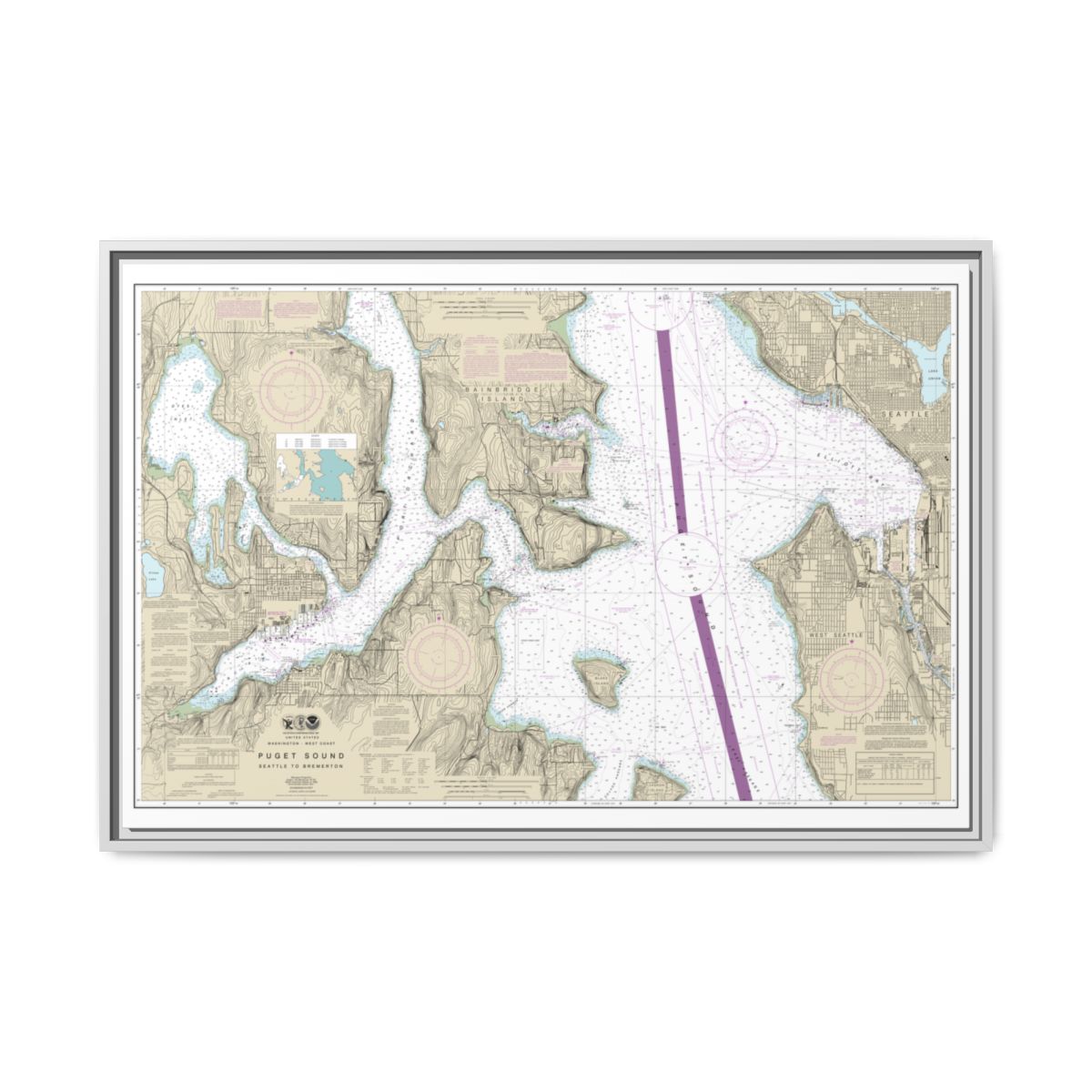 Chart 18449 Puget Sound-Seattle to Bremerton - NOAA Nautical Chart Floating Frame Canvas | 30" x 20" | 36" x 24" | 48" x 32" - White front