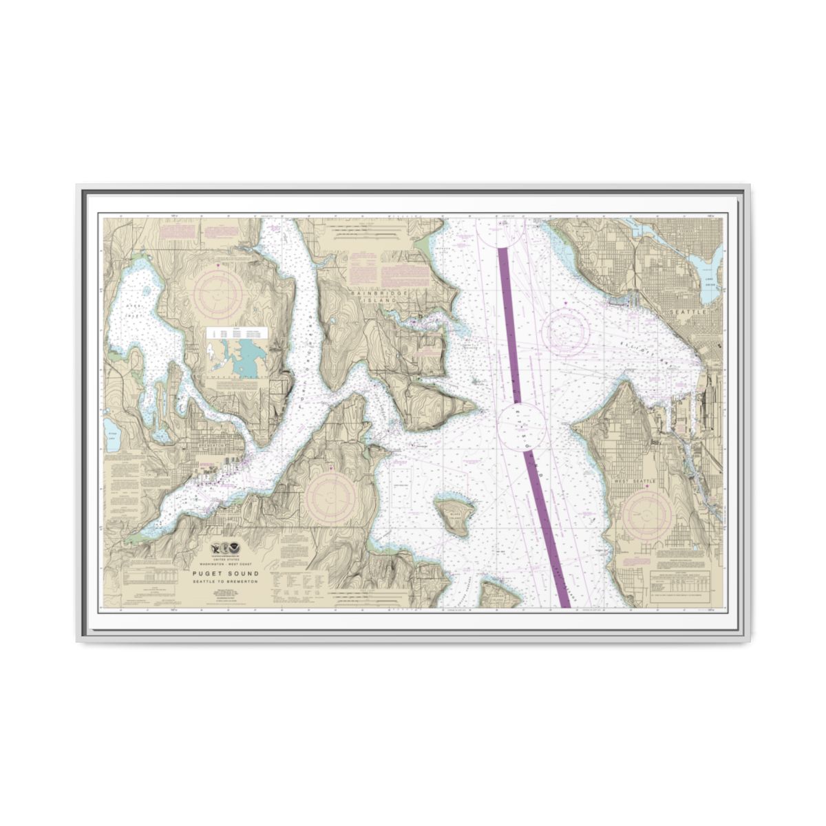 Chart 18449 Puget Sound-Seattle to Bremerton - NOAA Nautical Chart Floating Frame Canvas | 30" x 20" | 36" x 24" | 48" x 32" - White front