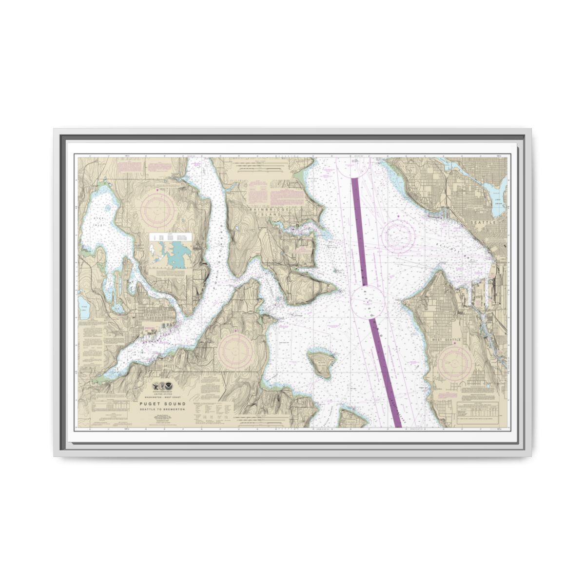 Chart 18449 Puget Sound-Seattle to Bremerton - NOAA Nautical Chart Floating Frame Canvas | 30" x 20" | 36" x 24" | 48" x 32" - White front