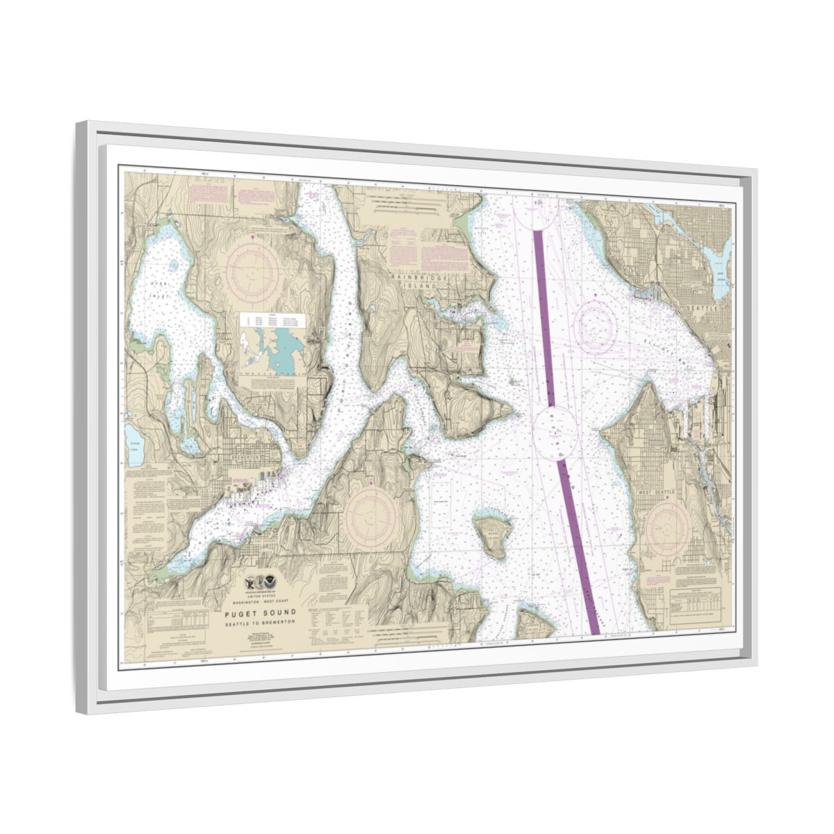 Chart 18449 Puget Sound-Seattle to Bremerton - NOAA Nautical Chart Floating Frame Canvas | 30" x 20" | 36" x 24" | 48" x 32" - White side