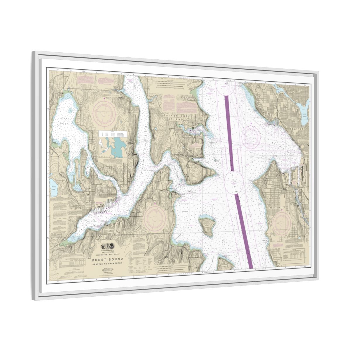Chart 18449 Puget Sound-Seattle to Bremerton - NOAA Nautical Chart Floating Frame Canvas | 30" x 20" | 36" x 24" | 48" x 32" - White side