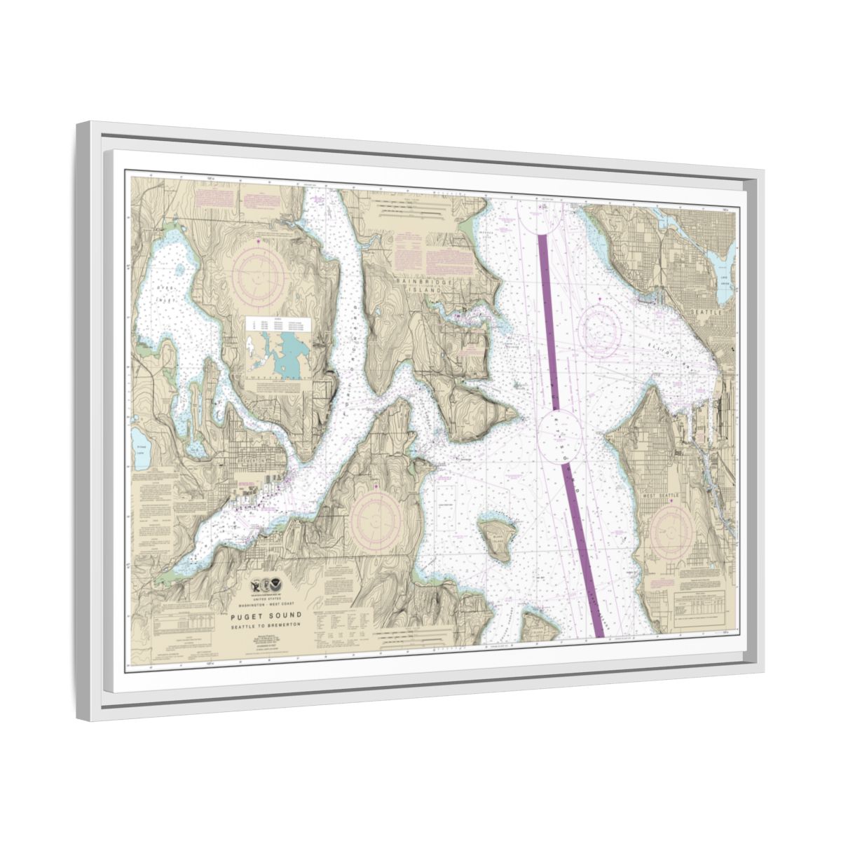 Chart 18449 Puget Sound-Seattle to Bremerton - NOAA Nautical Chart Floating Frame Canvas | 30" x 20" | 36" x 24" | 48" x 32" - White side