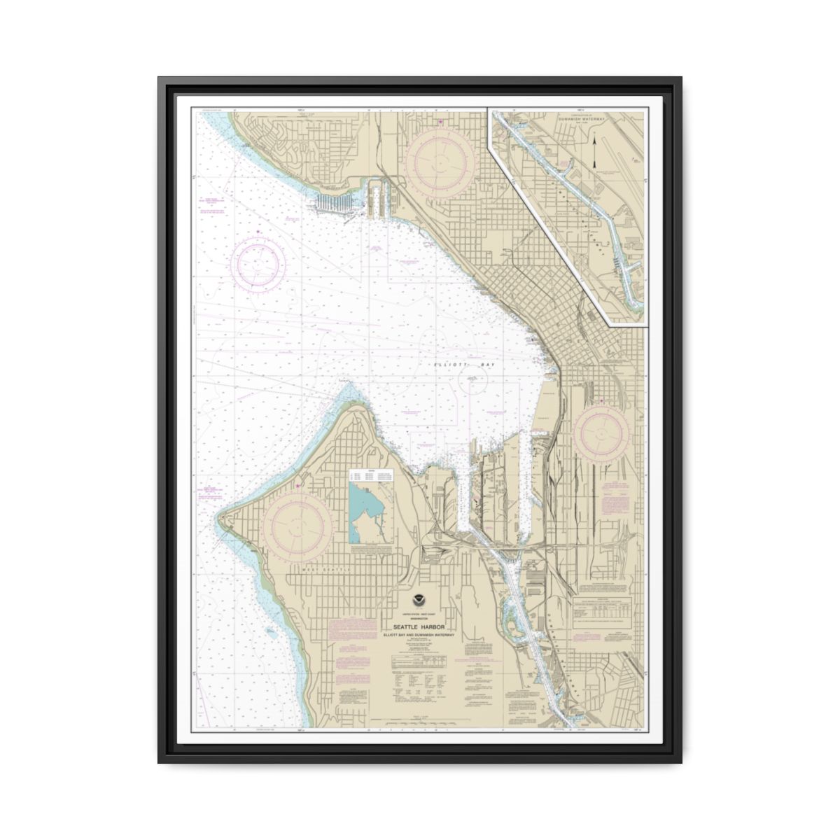 Chart 18450 Seattle Harbor, Elliott Bay and Duwamish Waterway - NOAA Nautical Chart Floating Frame Canvas | 24" x 32" | 30" x 40" - Black front
