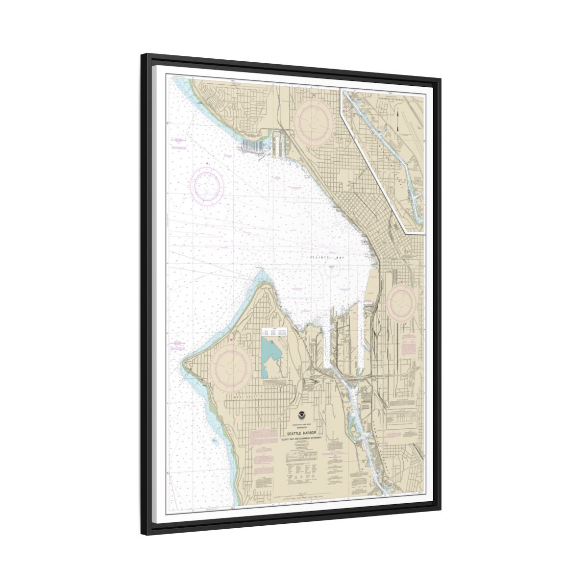 Chart 18450 Seattle Harbor, Elliott Bay and Duwamish Waterway - NOAA Nautical Chart Floating Frame Canvas | 24" x 32" | 30" x 40" - Black side