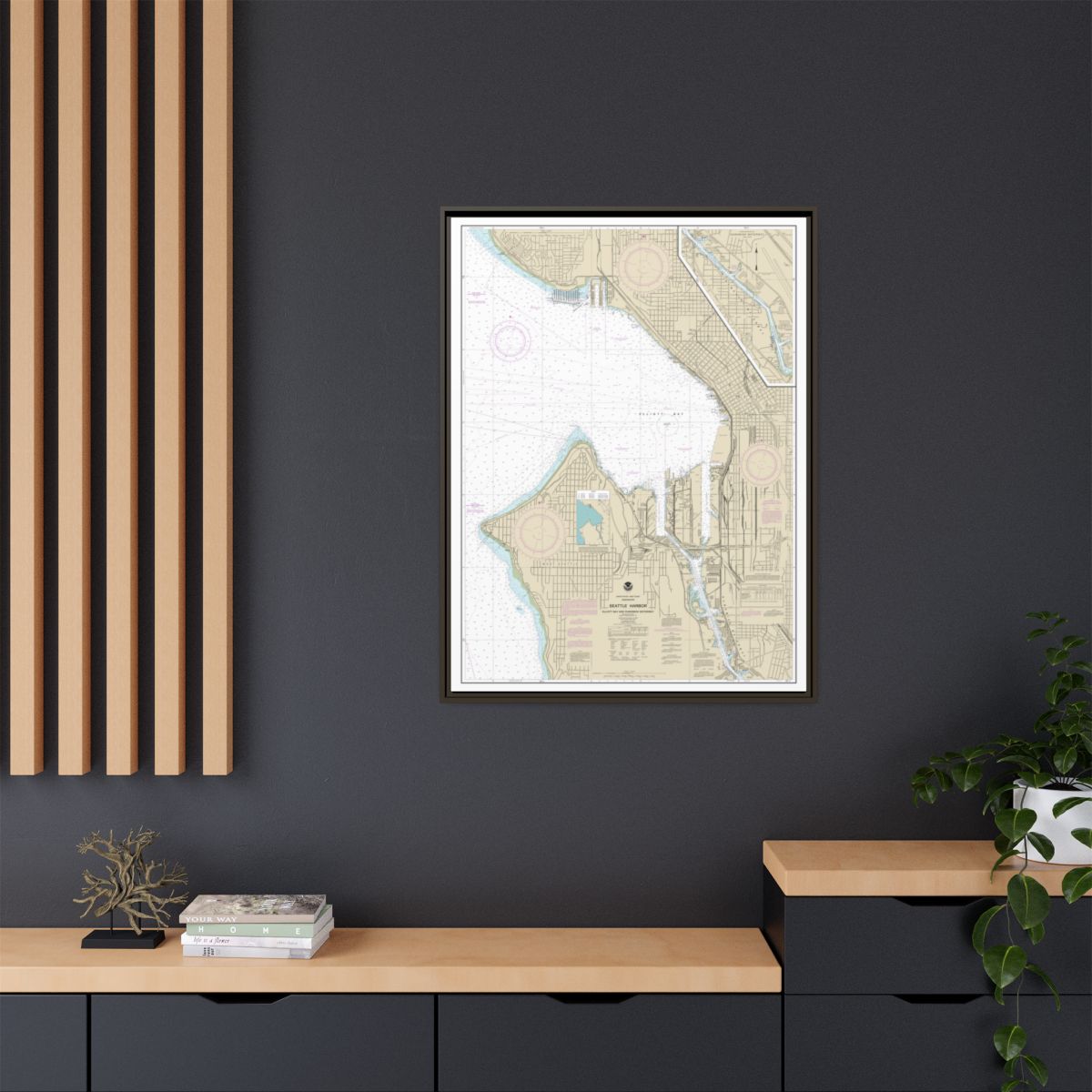 Chart 18450 Seattle Harbor, Elliott Bay and Duwamish Waterway - NOAA Nautical Chart Floating Frame Canvas | 24" x 32" | 30" x 40" - Espresso context-2