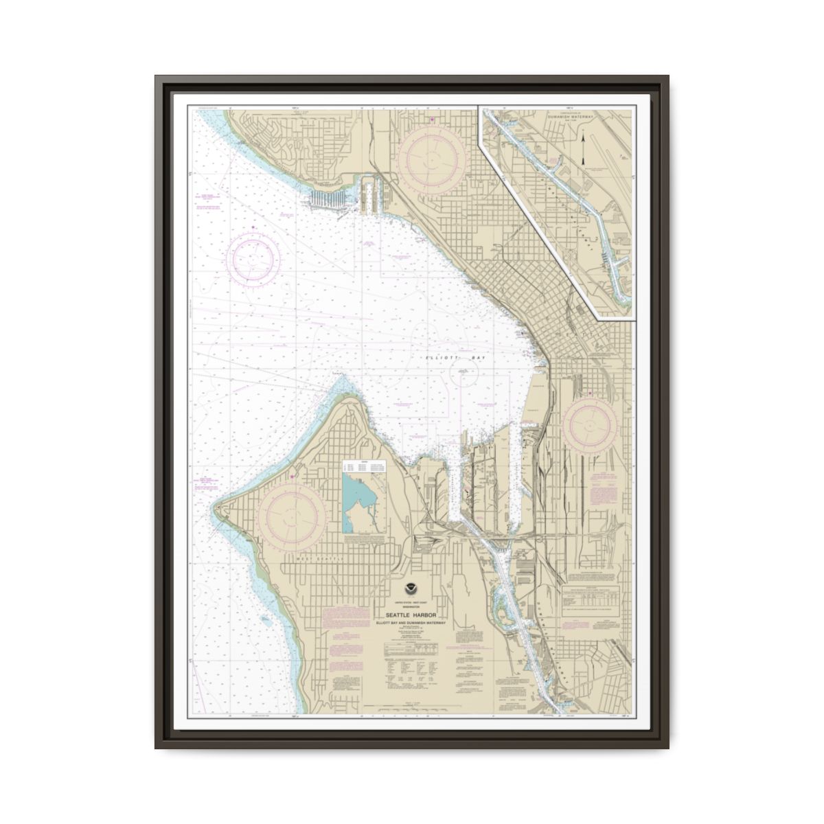 Chart 18450 Seattle Harbor, Elliott Bay and Duwamish Waterway - NOAA Nautical Chart Floating Frame Canvas | 24" x 32" | 30" x 40" - Espresso front