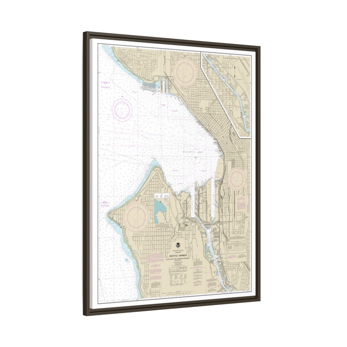 Chart 18450 Seattle Harbor, Elliott Bay and Duwamish Waterway - NOAA Nautical Chart Floating Frame Canvas | 24" x 32" | 30" x 40" - Espresso side