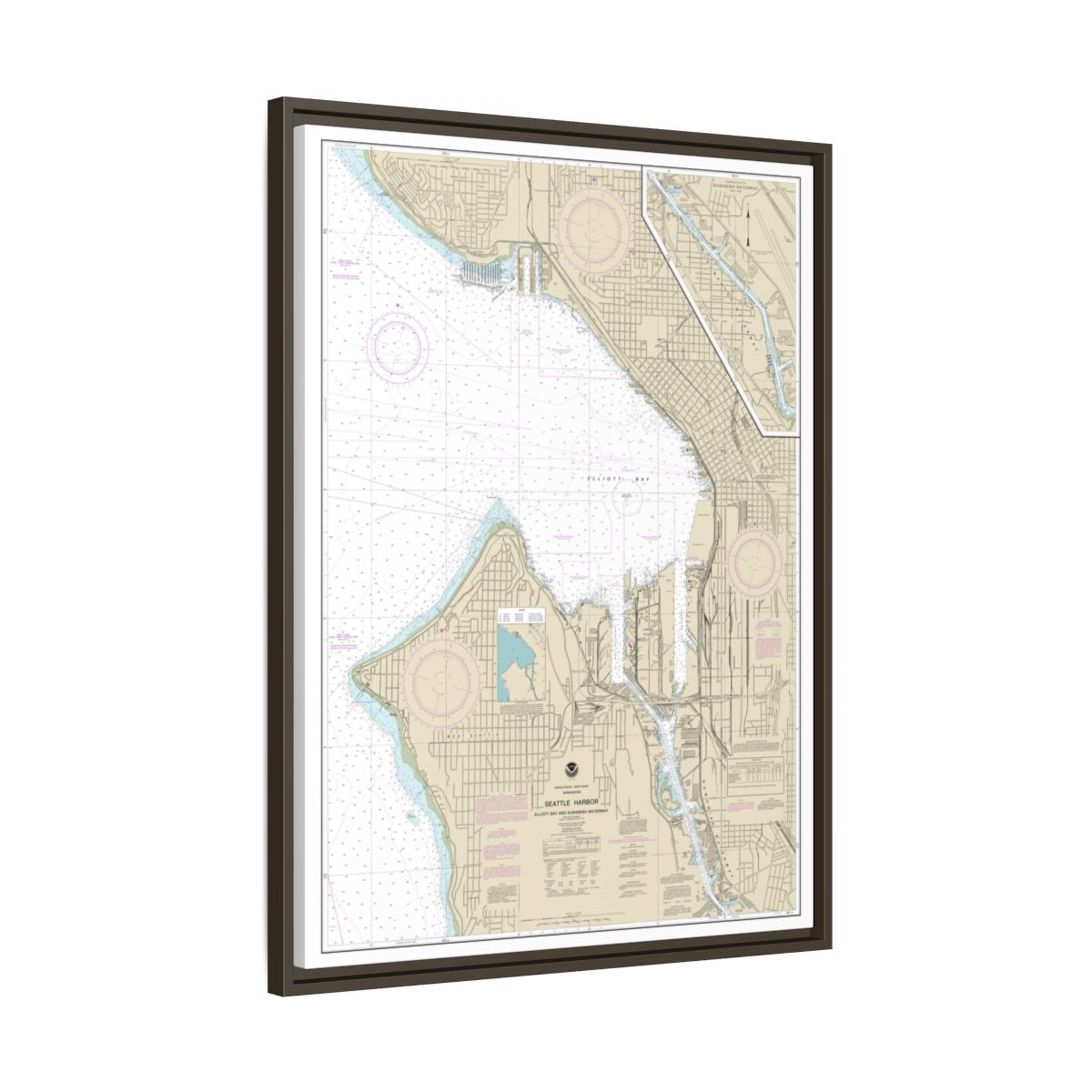 Chart 18450 Seattle Harbor, Elliott Bay and Duwamish Waterway - NOAA Nautical Chart Floating Frame Canvas | 24" x 32" | 30" x 40" - Espresso side