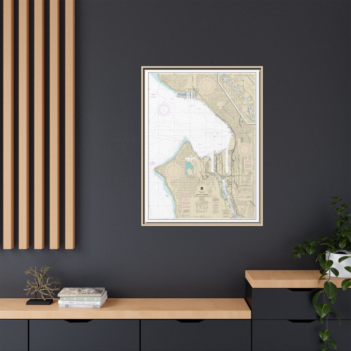 Chart 18450 Seattle Harbor, Elliott Bay and Duwamish Waterway - NOAA Nautical Chart Floating Frame Canvas | 24" x 32" | 30" x 40" - Natural context-2