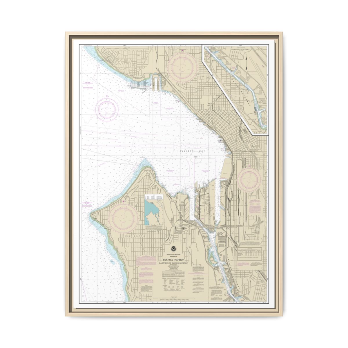 Chart 18450 Seattle Harbor, Elliott Bay and Duwamish Waterway - NOAA Nautical Chart Floating Frame Canvas | 24" x 32" | 30" x 40" - Natural front