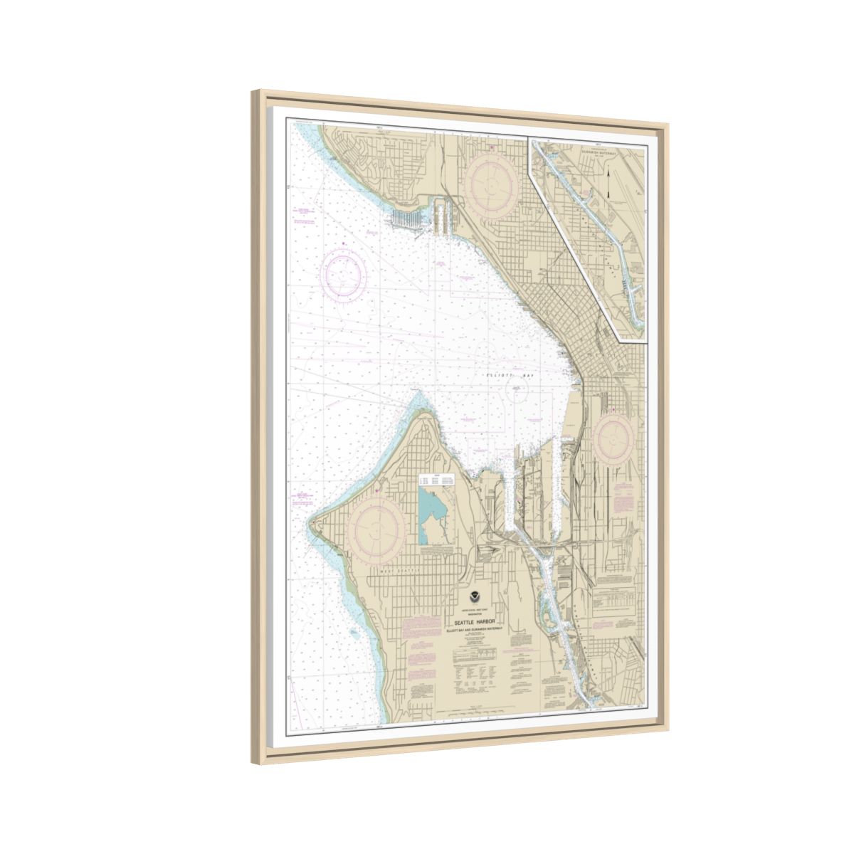 Chart 18450 Seattle Harbor, Elliott Bay and Duwamish Waterway - NOAA Nautical Chart Floating Frame Canvas | 24" x 32" | 30" x 40" - Natural side