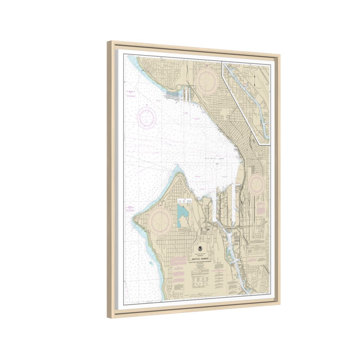 Chart 18450 Seattle Harbor, Elliott Bay and Duwamish Waterway - NOAA Nautical Chart Floating Frame Canvas | 24" x 32" | 30" x 40" - Natural side