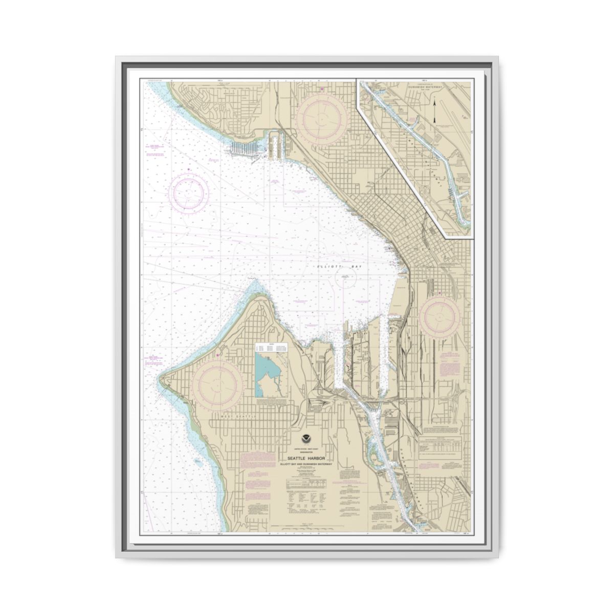 Chart 18450 Seattle Harbor, Elliott Bay and Duwamish Waterway - NOAA Nautical Chart Floating Frame Canvas | 24" x 32" | 30" x 40" - White front