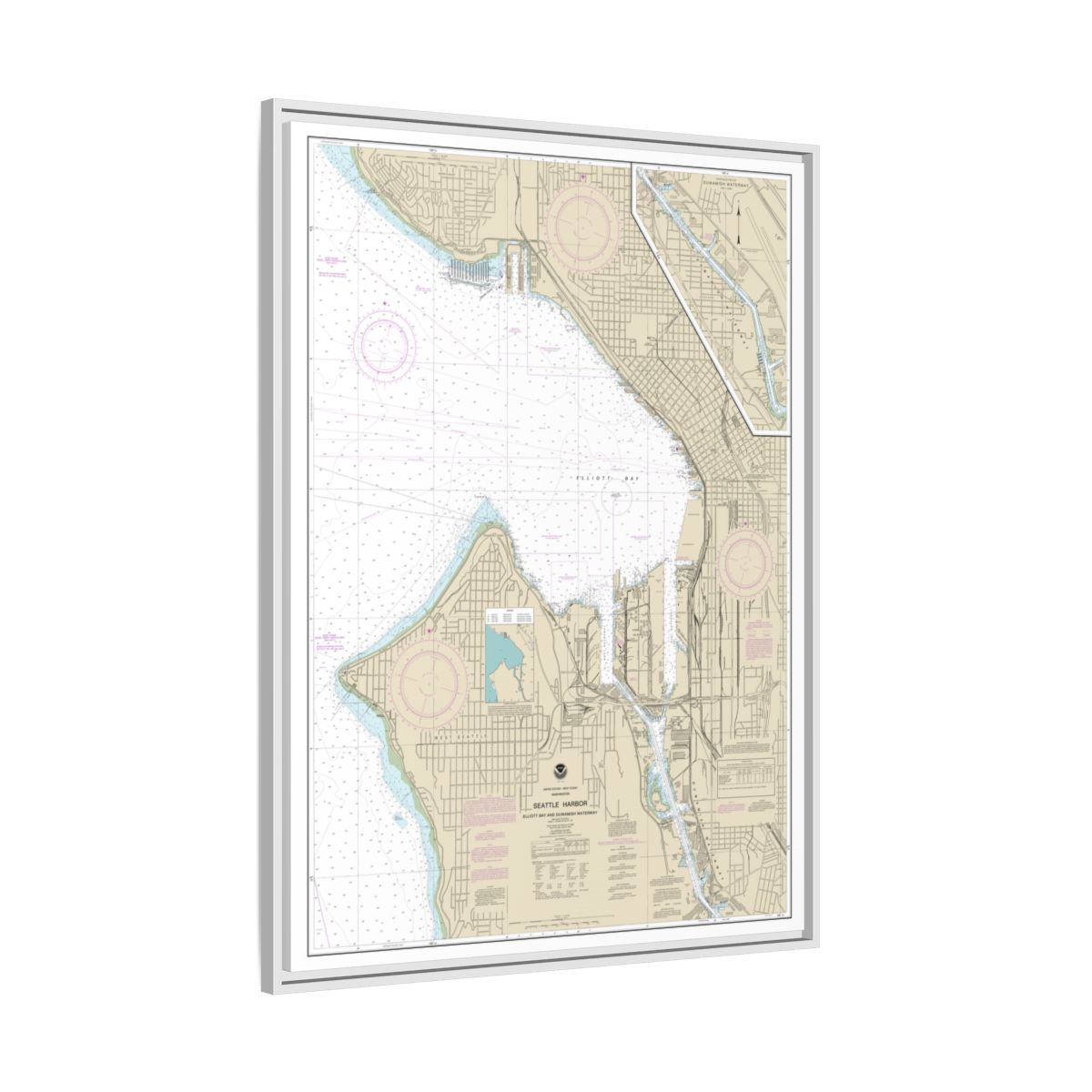 Chart 18450 Seattle Harbor, Elliott Bay and Duwamish Waterway - NOAA Nautical Chart Floating Frame Canvas | 24" x 32" | 30" x 40" - White side