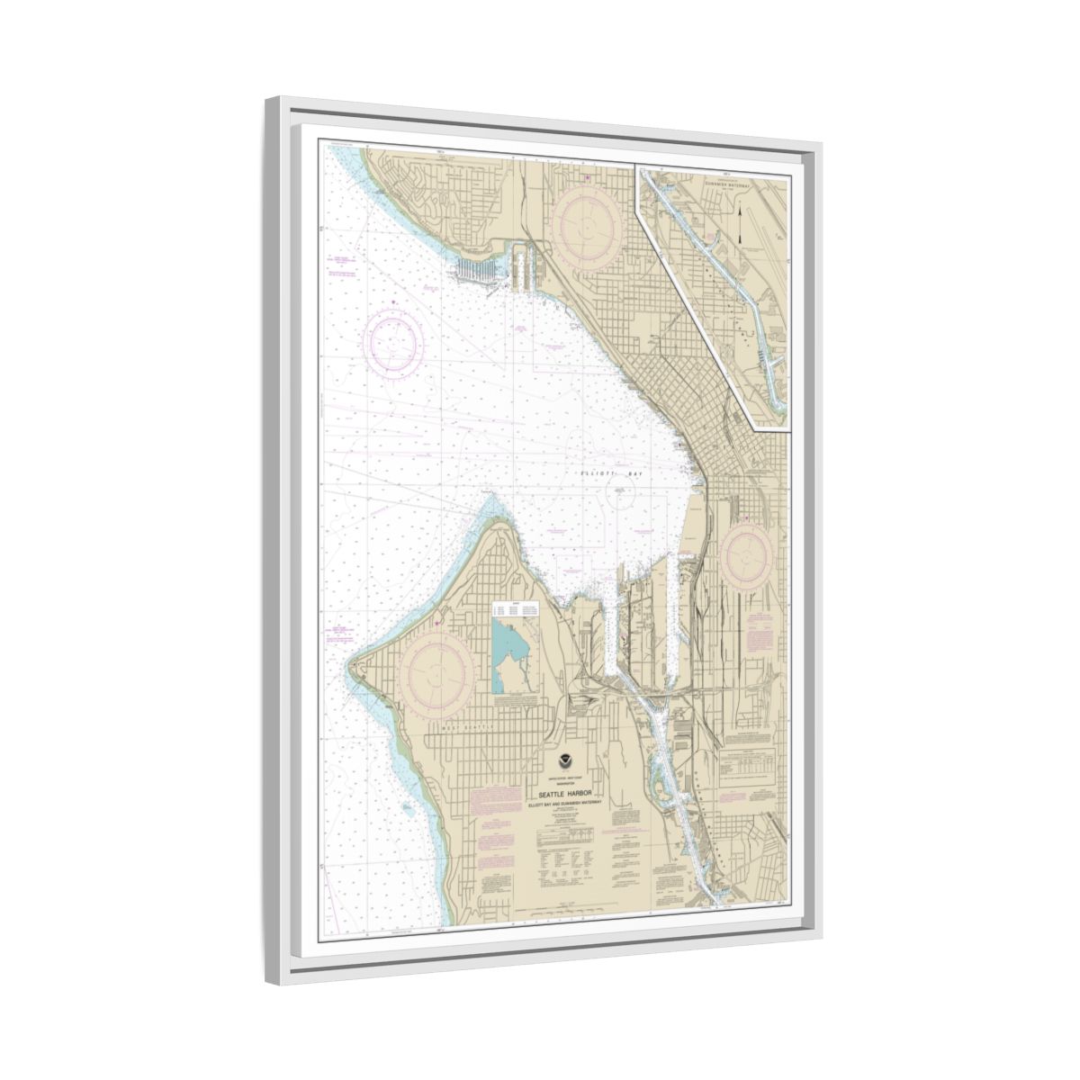Chart 18450 Seattle Harbor, Elliott Bay and Duwamish Waterway - NOAA Nautical Chart Floating Frame Canvas | 24" x 32" | 30" x 40" - White side