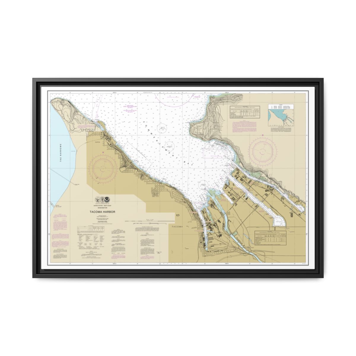 Chart 18453 Tacoma Harbor - NOAA Nautical Chart Floating Frame Canvas | 30" x 20" | 36" x 24" | 48" x 32" - Black front