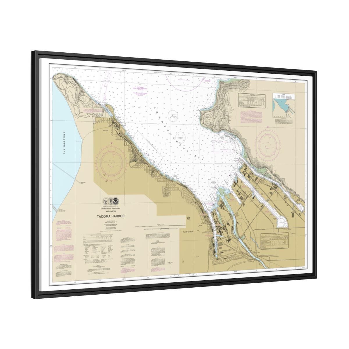 Chart 18453 Tacoma Harbor - NOAA Nautical Chart Floating Frame Canvas | 30" x 20" | 36" x 24" | 48" x 32" - Black side