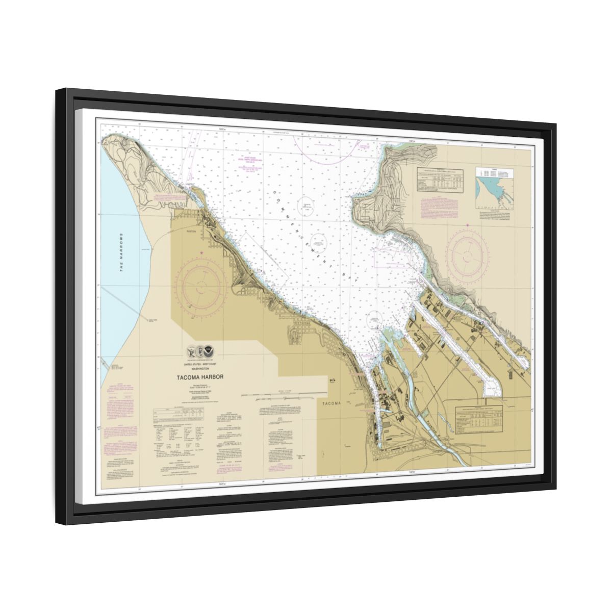 Chart 18453 Tacoma Harbor - NOAA Nautical Chart Floating Frame Canvas | 30" x 20" | 36" x 24" | 48" x 32" - Black side