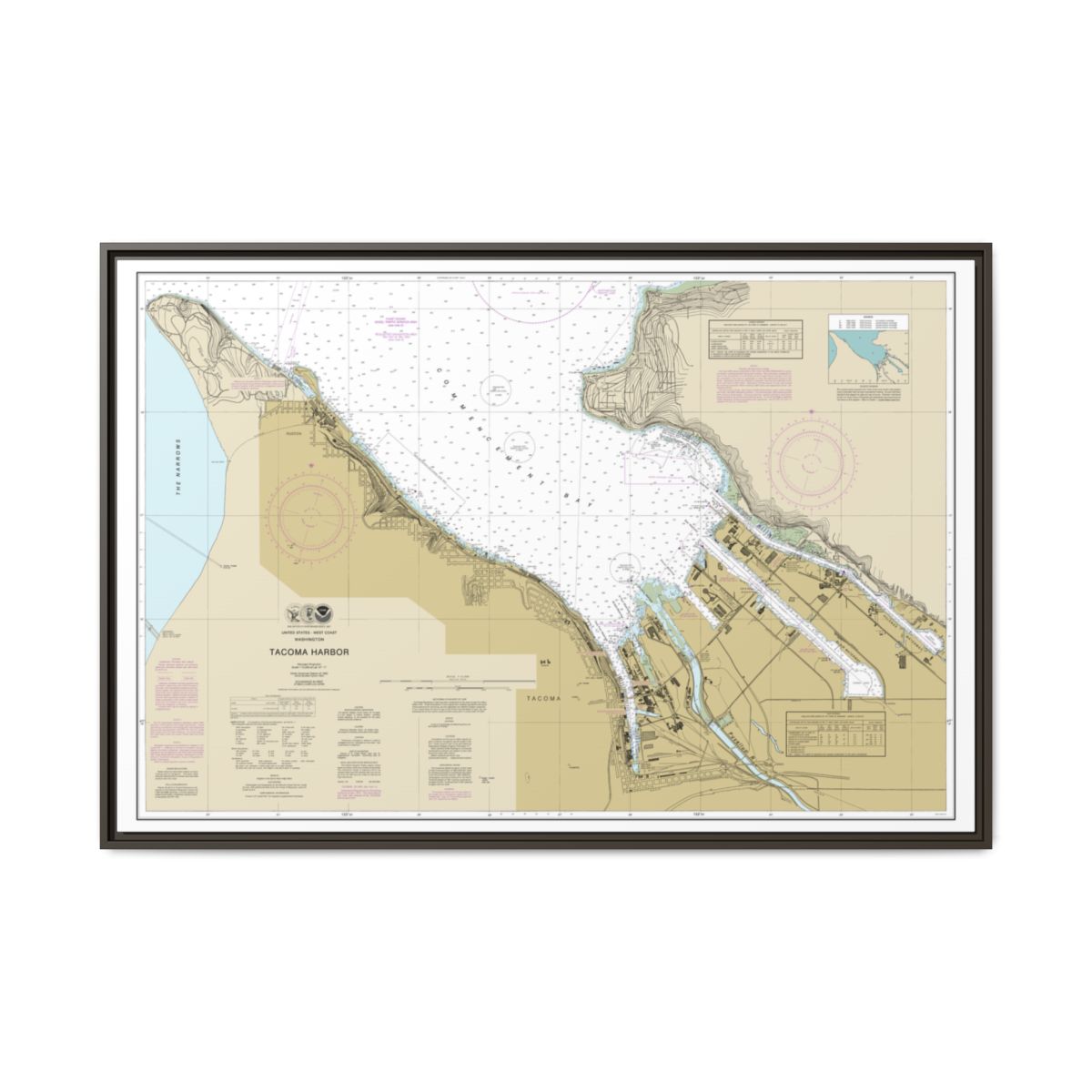 Chart 18453 Tacoma Harbor - NOAA Nautical Chart Floating Frame Canvas | 30" x 20" | 36" x 24" | 48" x 32" - Espresso front