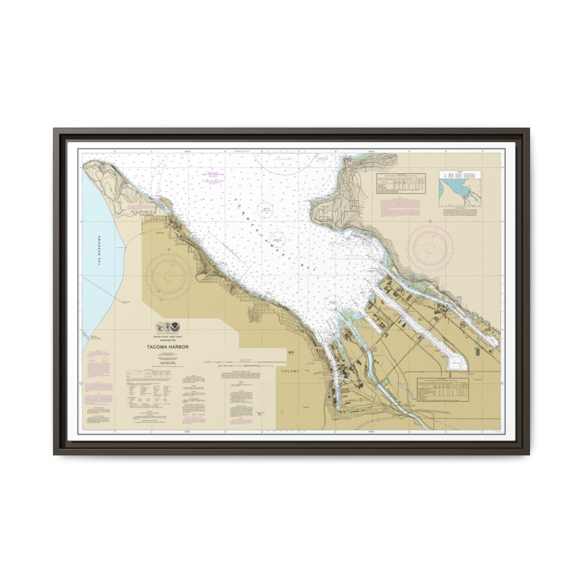 Chart 18453 Tacoma Harbor - NOAA Nautical Chart Floating Frame Canvas | 30" x 20" | 36" x 24" | 48" x 32" - Espresso front