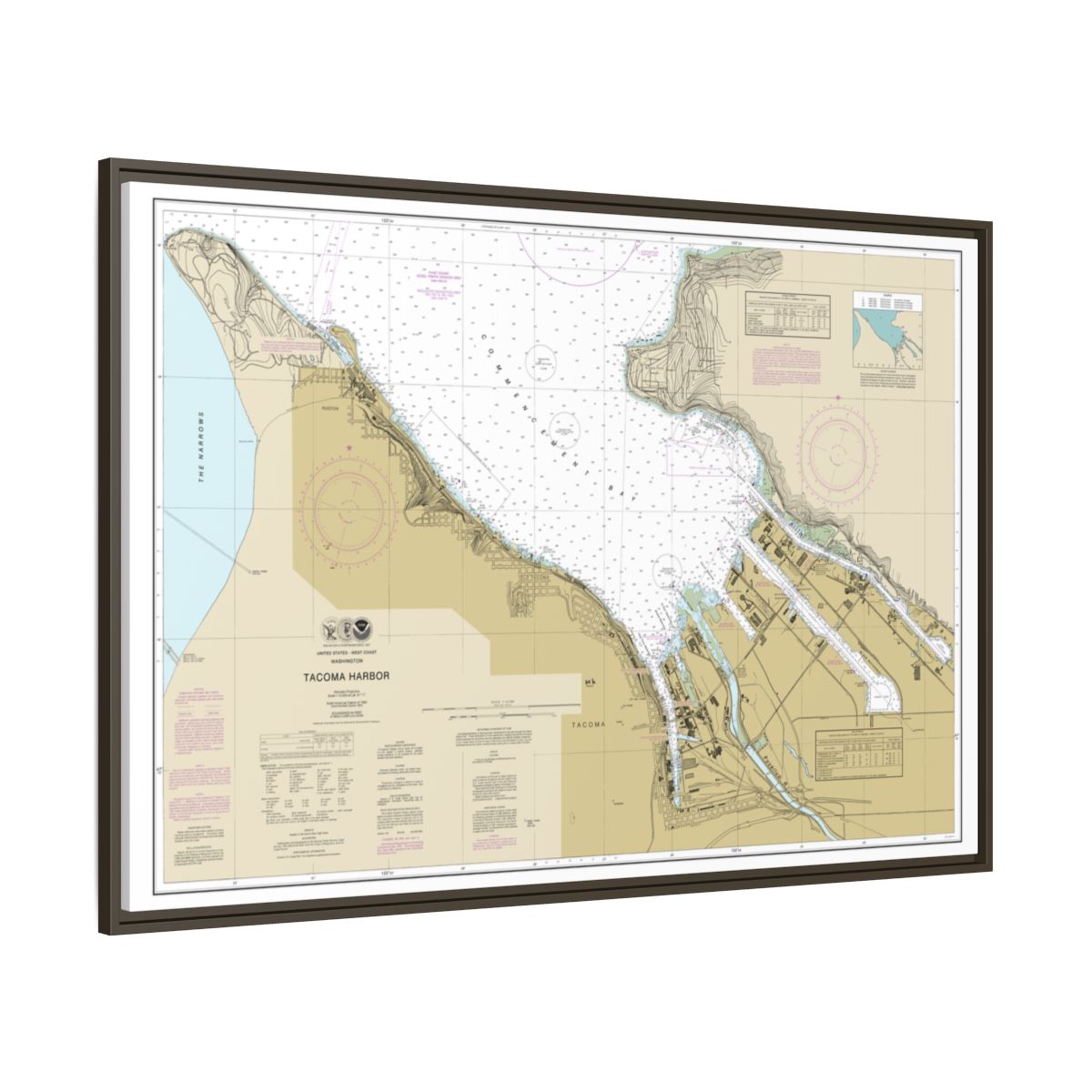 Chart 18453 Tacoma Harbor - NOAA Nautical Chart Floating Frame Canvas | 30" x 20" | 36" x 24" | 48" x 32" - Espresso side
