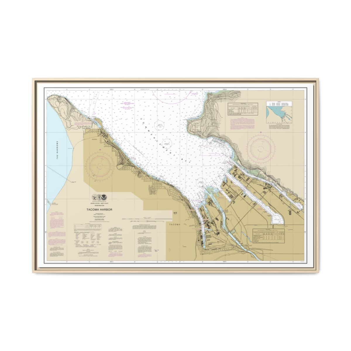 Chart 18453 Tacoma Harbor - NOAA Nautical Chart Floating Frame Canvas | 30" x 20" | 36" x 24" | 48" x 32" - Natural front
