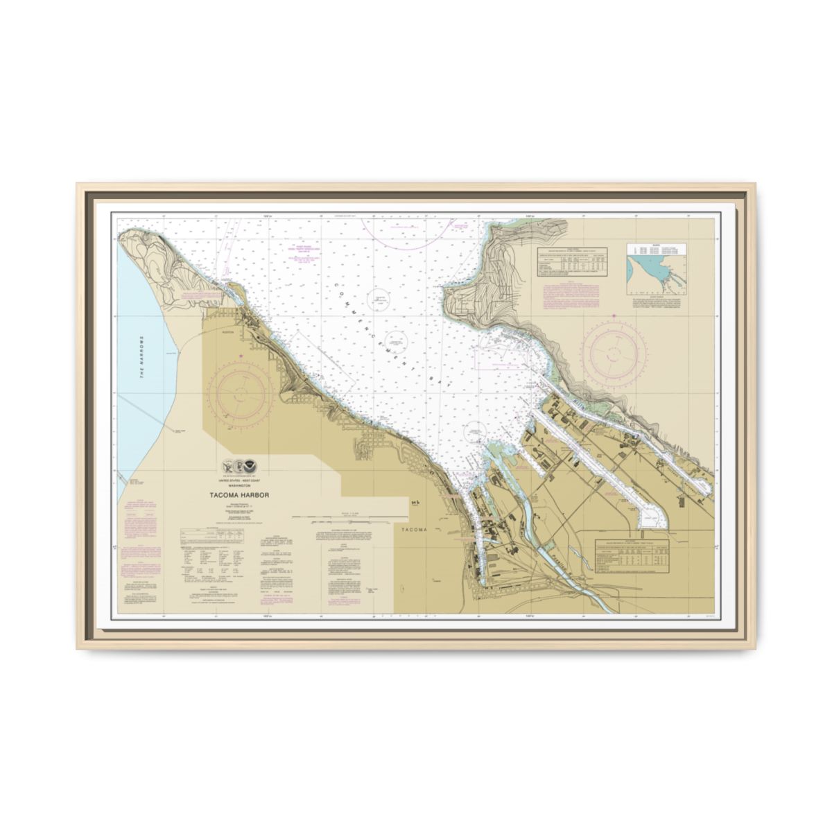 Chart 18453 Tacoma Harbor - NOAA Nautical Chart Floating Frame Canvas | 30" x 20" | 36" x 24" | 48" x 32" - Natural front