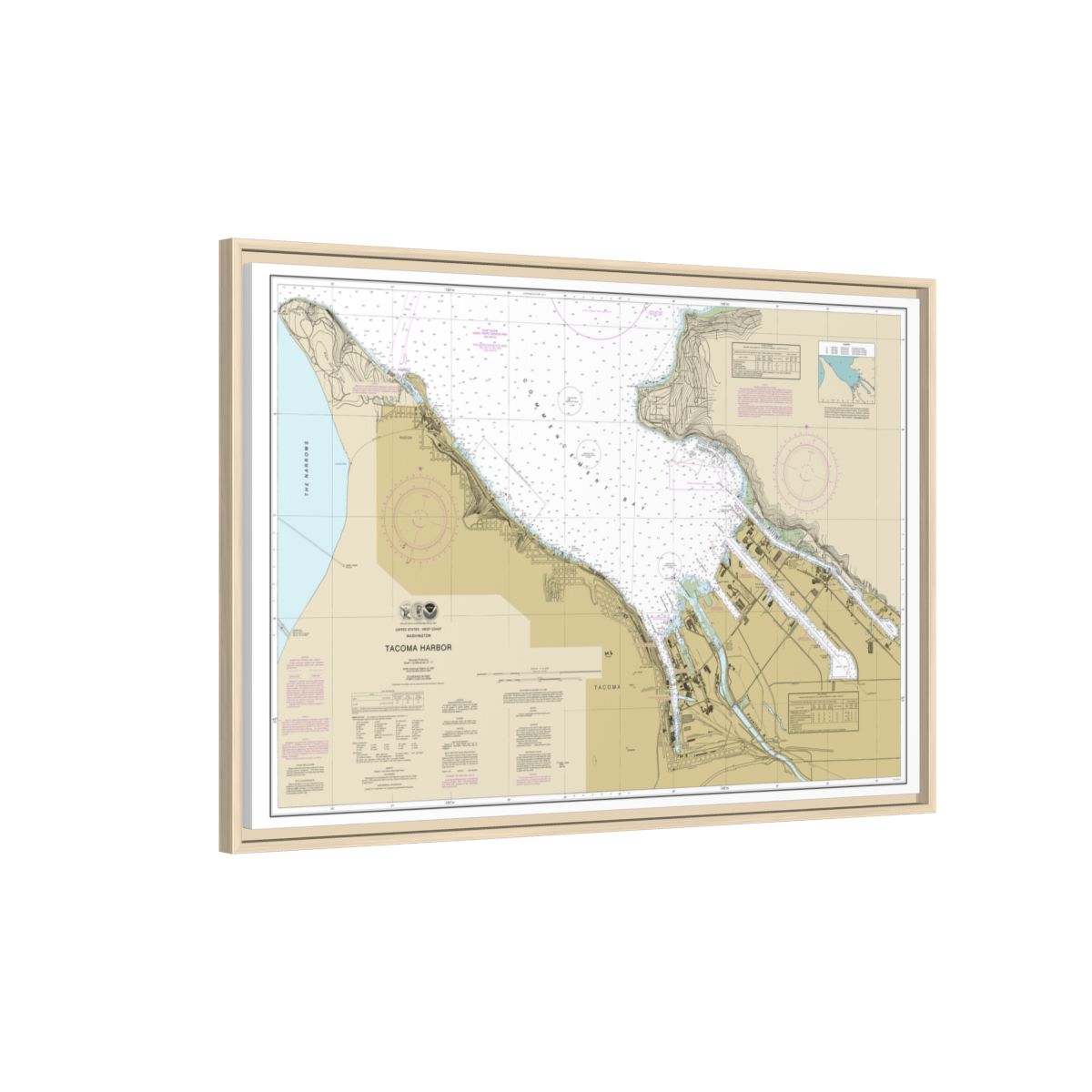 Chart 18453 Tacoma Harbor - NOAA Nautical Chart Floating Frame Canvas | 30" x 20" | 36" x 24" | 48" x 32" - Natural side