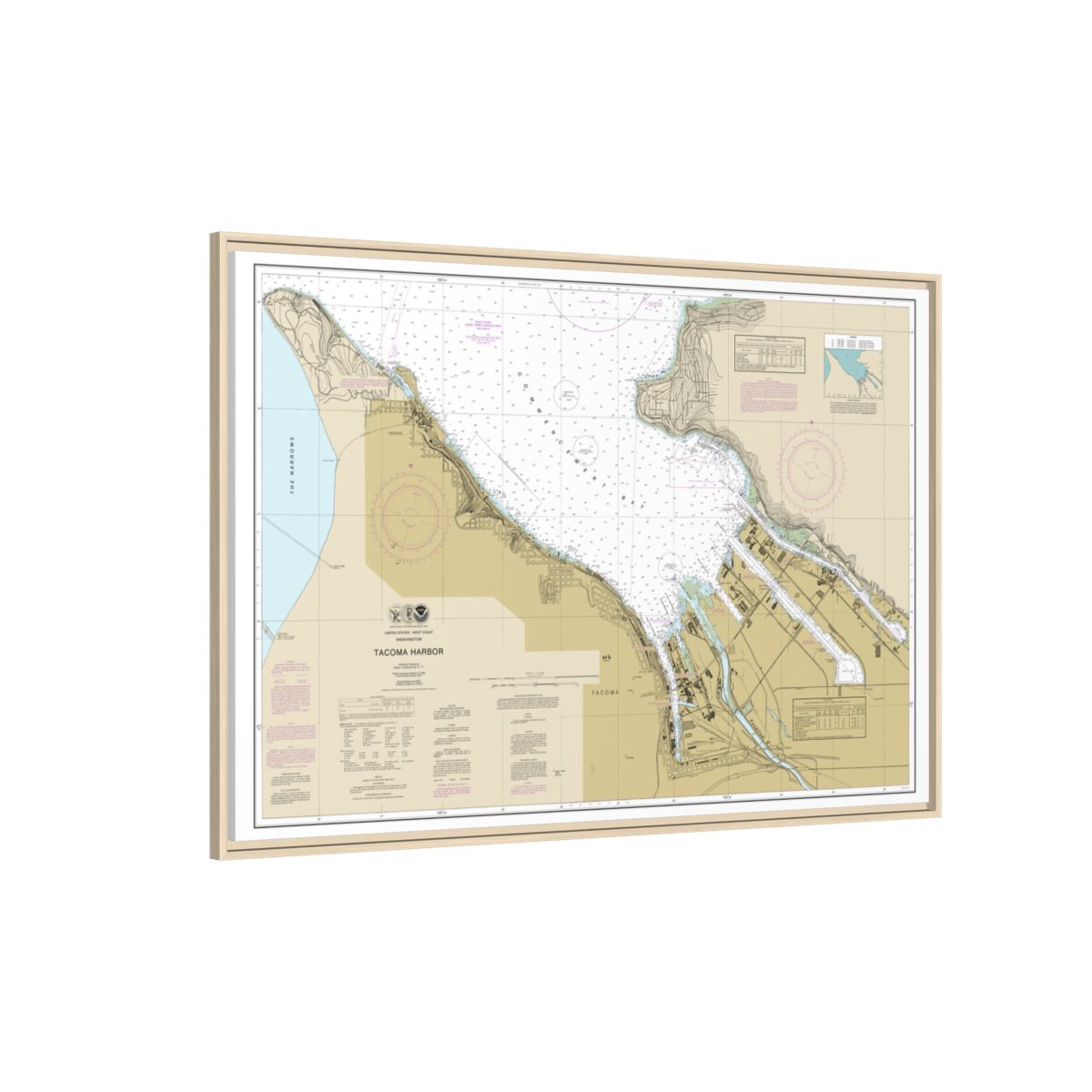 Chart 18453 Tacoma Harbor - NOAA Nautical Chart Floating Frame Canvas | 30" x 20" | 36" x 24" | 48" x 32" - Natural side