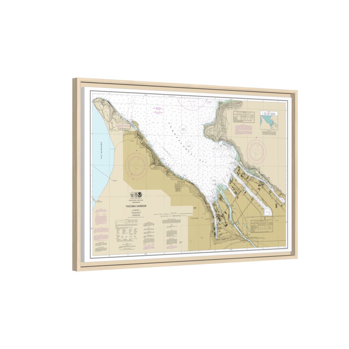 Chart 18453 Tacoma Harbor - NOAA Nautical Chart Floating Frame Canvas | 30" x 20" | 36" x 24" | 48" x 32" - Natural side