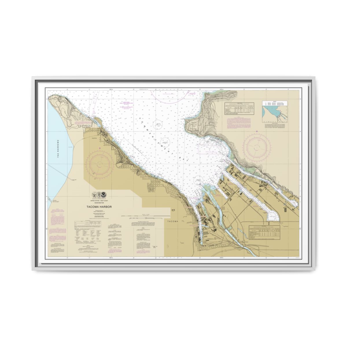 Chart 18453 Tacoma Harbor - NOAA Nautical Chart Floating Frame Canvas | 30" x 20" | 36" x 24" | 48" x 32" - White front