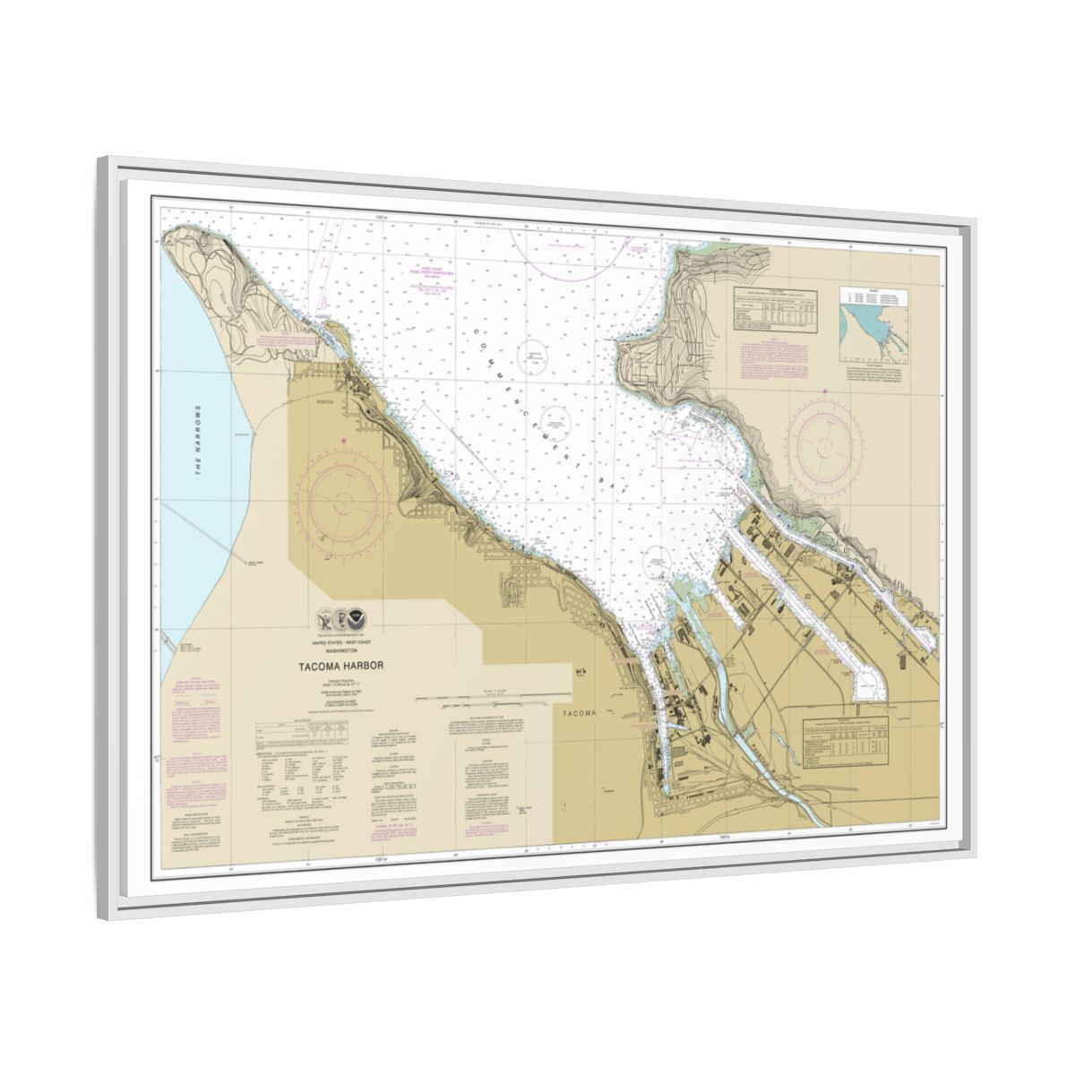 Chart 18453 Tacoma Harbor - NOAA Nautical Chart Floating Frame Canvas | 30" x 20" | 36" x 24" | 48" x 32" - White side