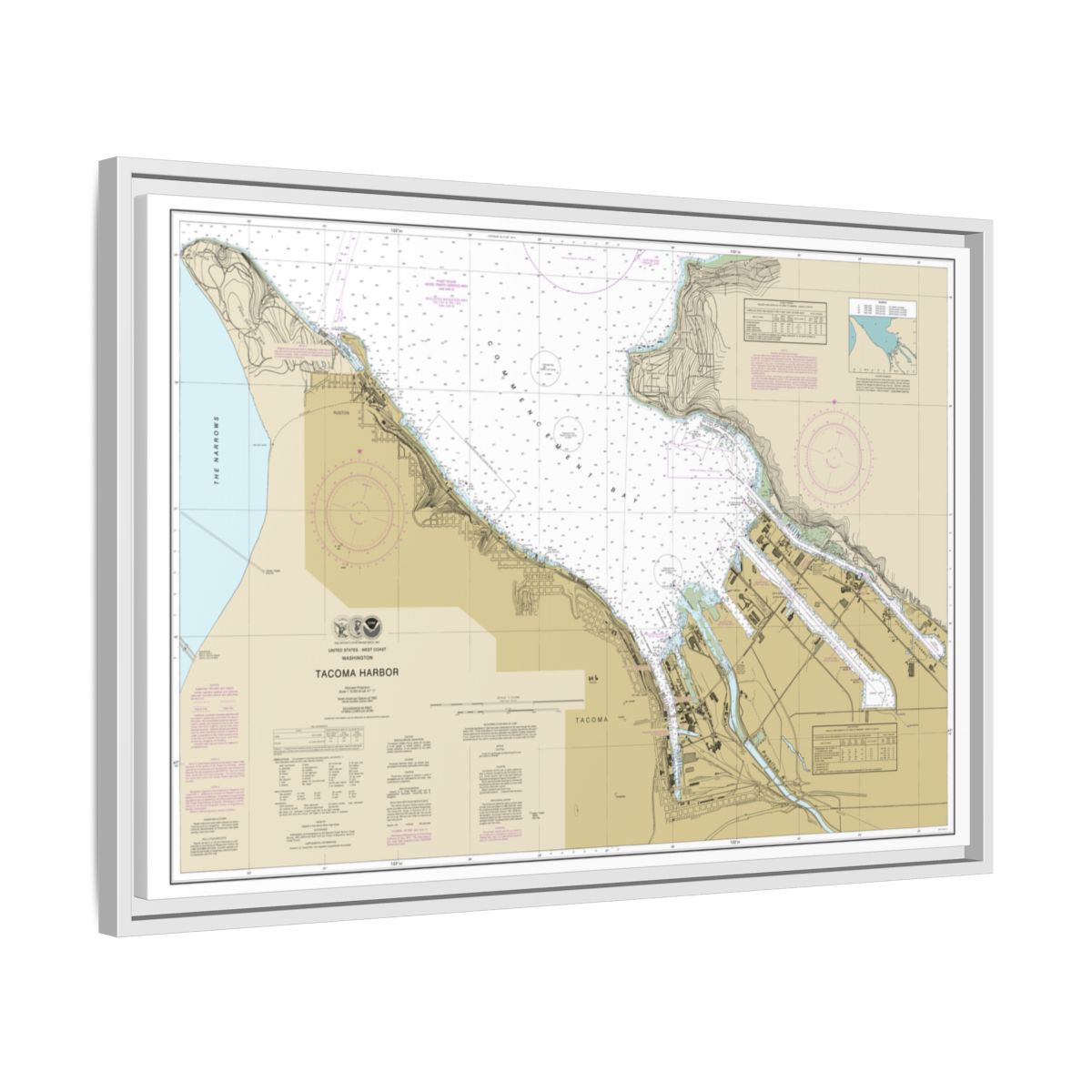 Chart 18453 Tacoma Harbor - NOAA Nautical Chart Floating Frame Canvas | 30" x 20" | 36" x 24" | 48" x 32" - White side