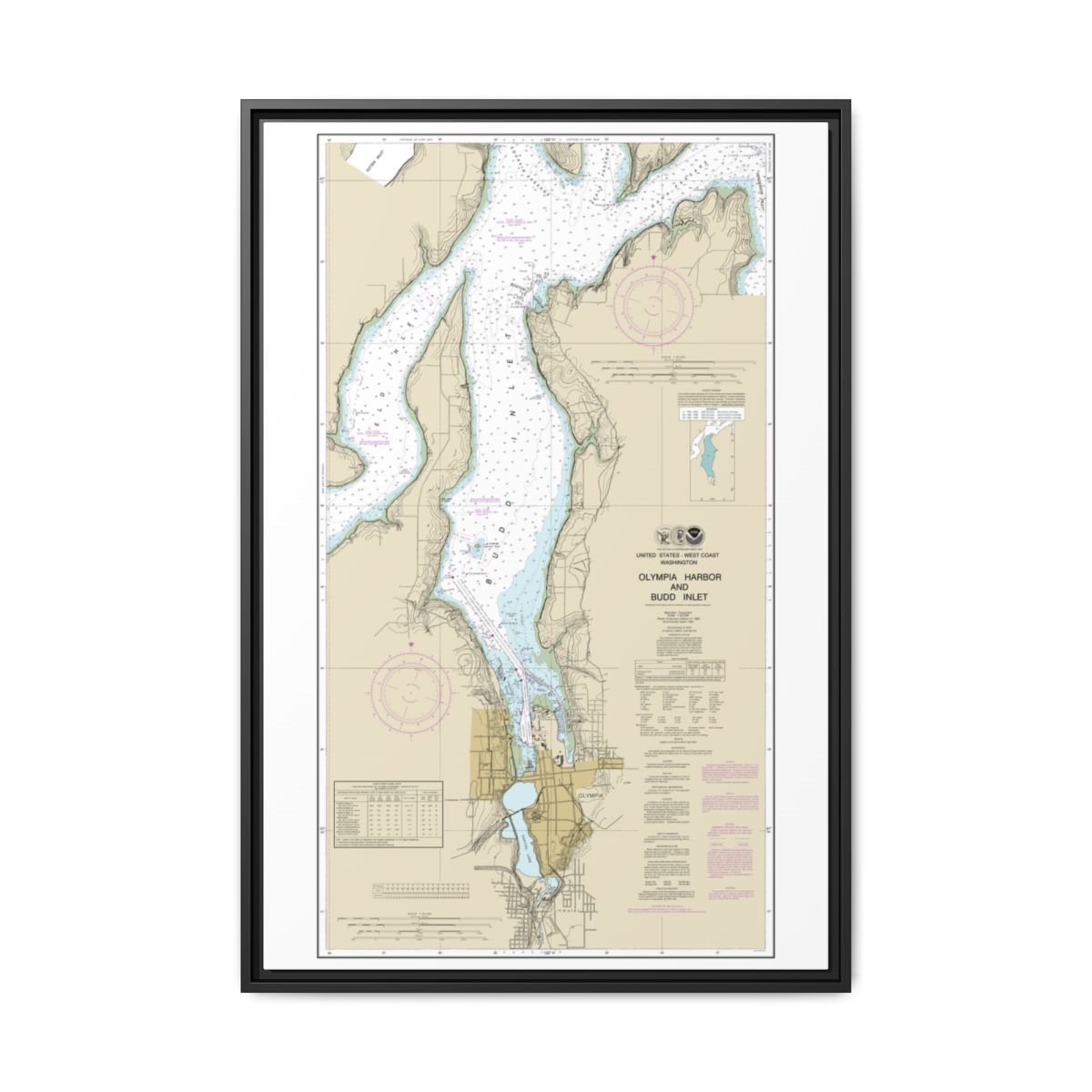 Chart 18456 Olympia Harbor and Budd Inlet - NOAA Nautical Chart Floating Frame Canvas | 20" x 30" | 24" x 36" | 32" x 48" - Black front