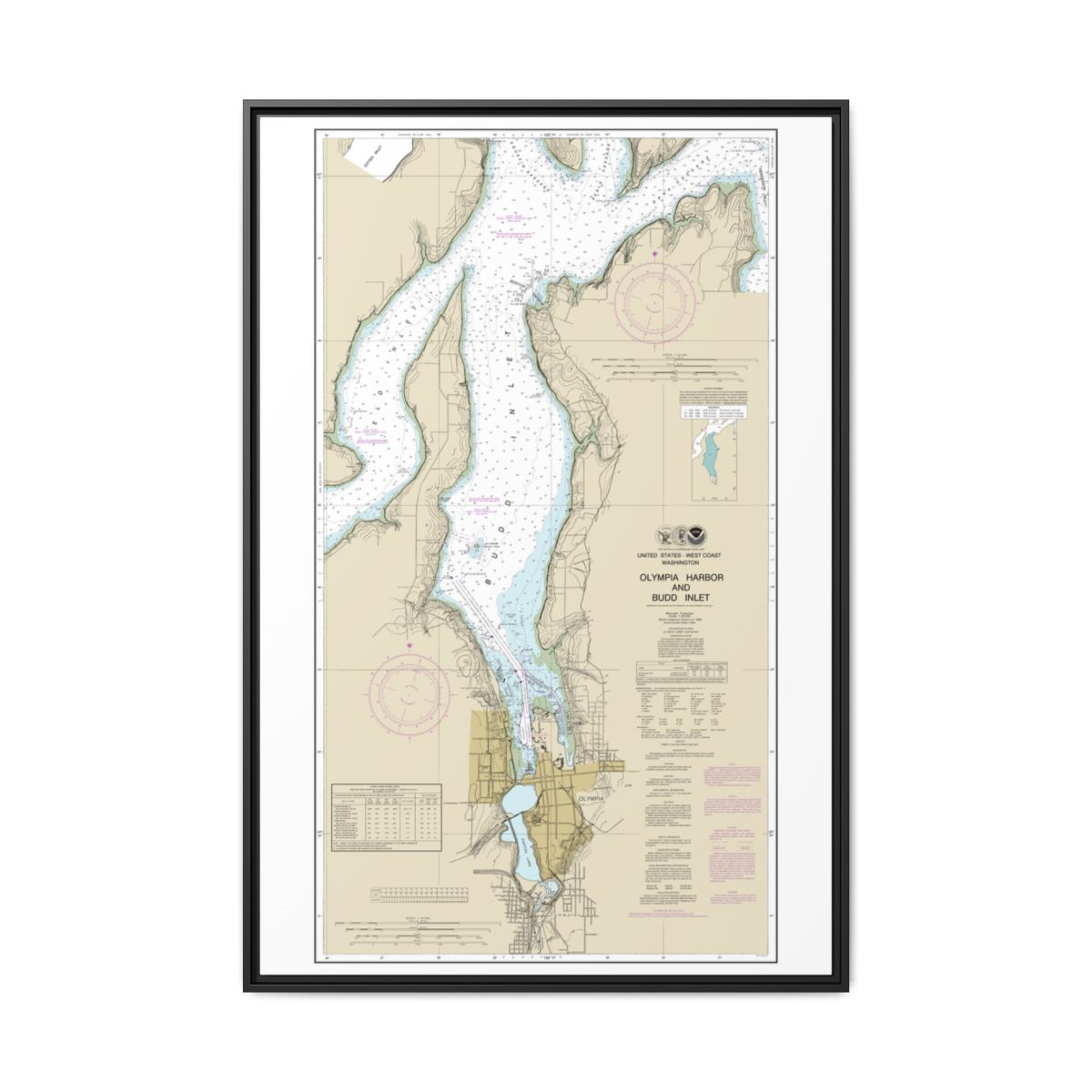 Chart 18456 Olympia Harbor and Budd Inlet - NOAA Nautical Chart Floating Frame Canvas | 20" x 30" | 24" x 36" | 32" x 48" - Black front