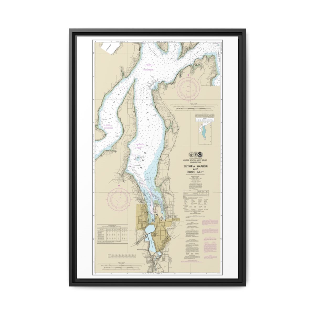Chart 18456 Olympia Harbor and Budd Inlet - NOAA Nautical Chart Floating Frame Canvas | 20" x 30" | 24" x 36" | 32" x 48" - Black front