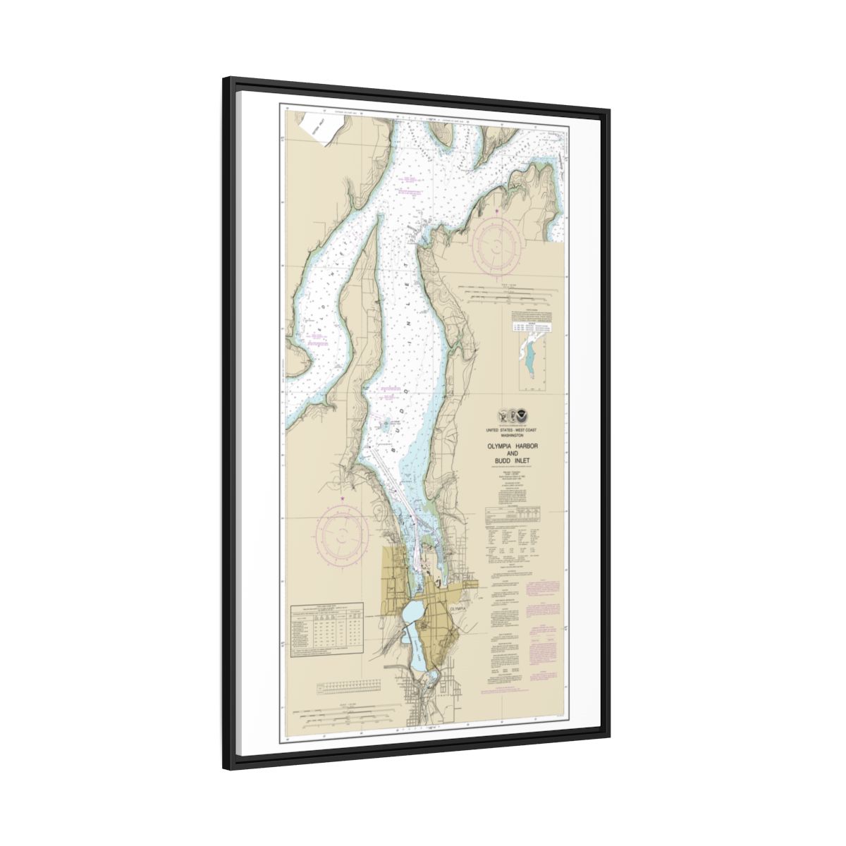 Chart 18456 Olympia Harbor and Budd Inlet - NOAA Nautical Chart Floating Frame Canvas | 20" x 30" | 24" x 36" | 32" x 48" - Black side