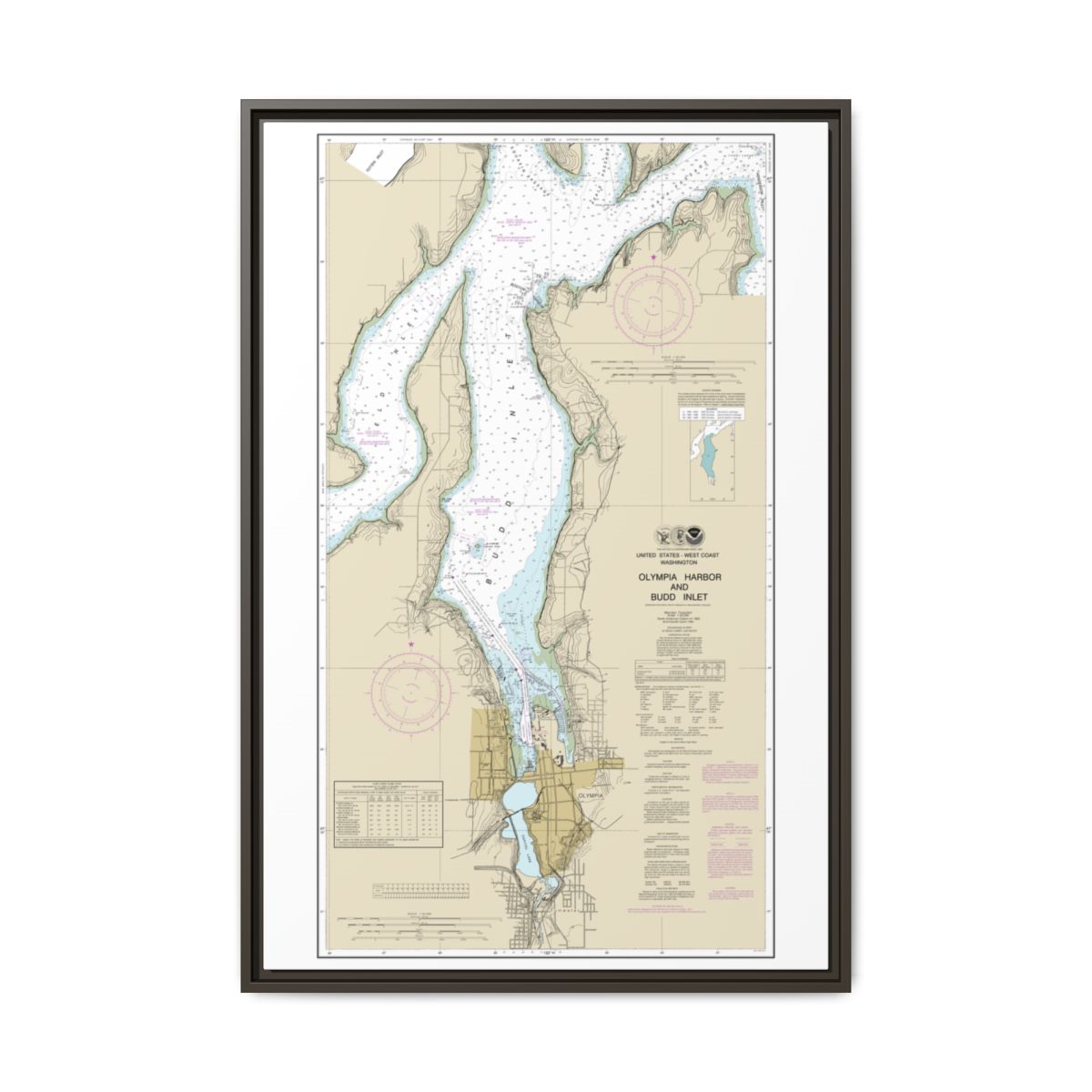 Chart 18456 Olympia Harbor and Budd Inlet - NOAA Nautical Chart Floating Frame Canvas | 20" x 30" | 24" x 36" | 32" x 48" - Espresso front