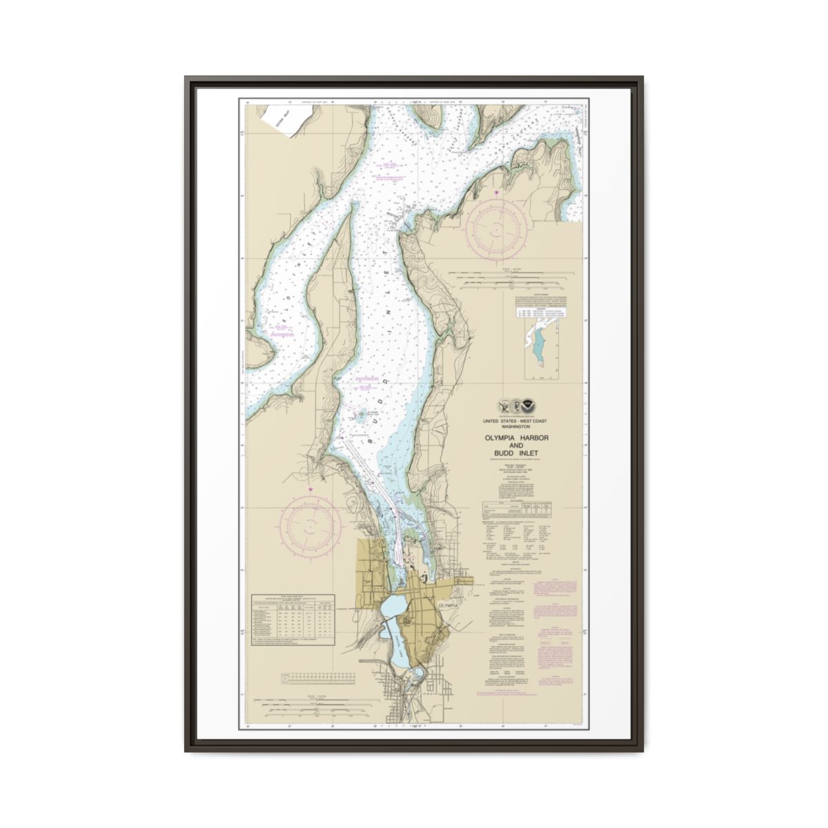Chart 18456 Olympia Harbor and Budd Inlet - NOAA Nautical Chart Floating Frame Canvas | 20" x 30" | 24" x 36" | 32" x 48" - Espresso front