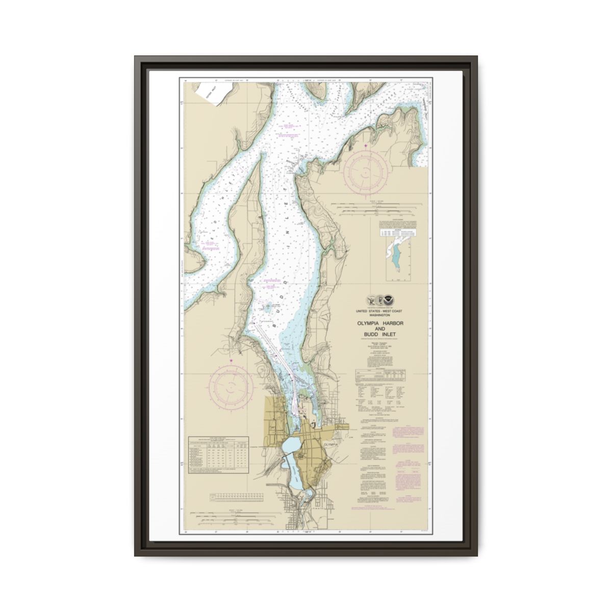 Chart 18456 Olympia Harbor and Budd Inlet - NOAA Nautical Chart Floating Frame Canvas | 20" x 30" | 24" x 36" | 32" x 48" - Espresso front