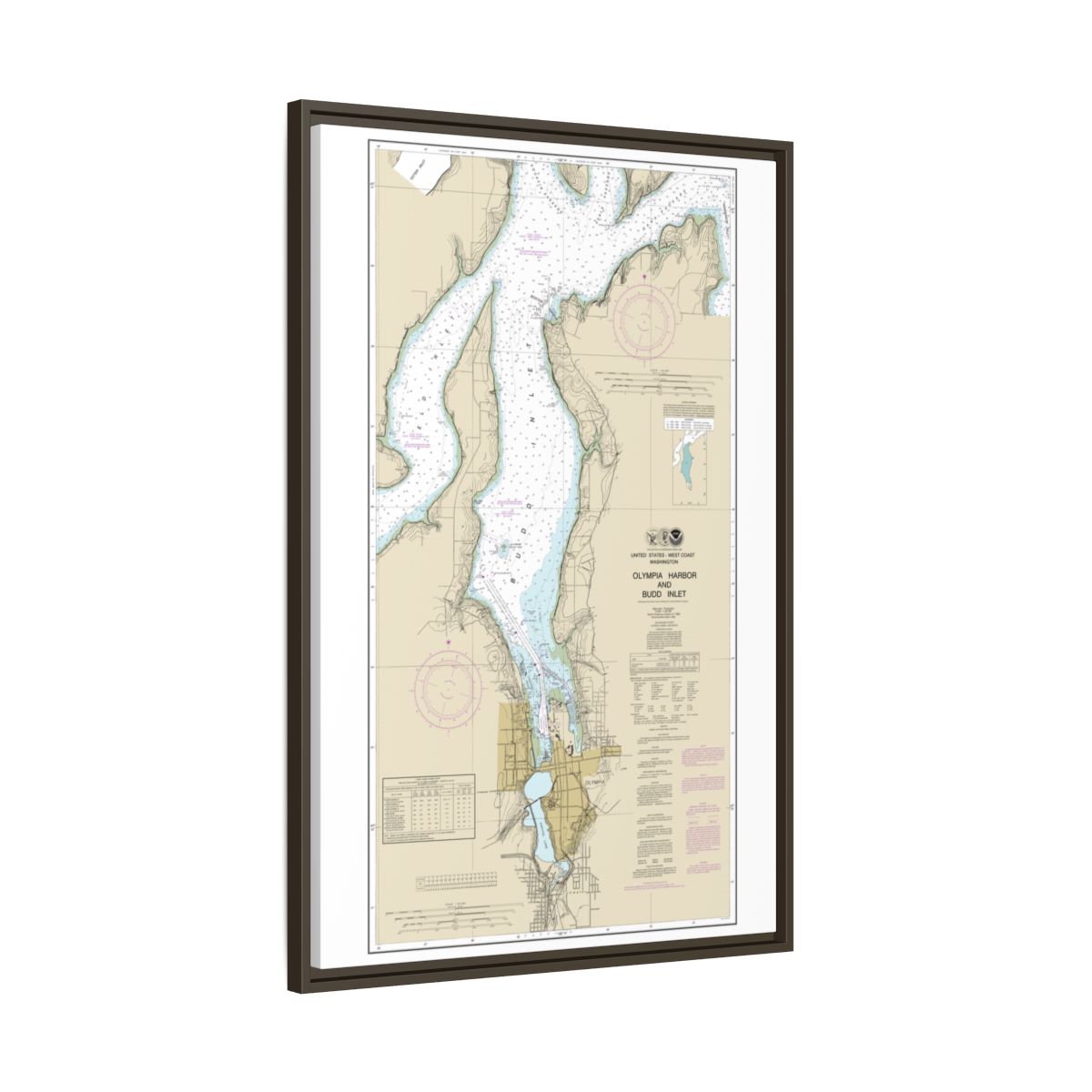 Chart 18456 Olympia Harbor and Budd Inlet - NOAA Nautical Chart Floating Frame Canvas | 20" x 30" | 24" x 36" | 32" x 48" - Espresso side