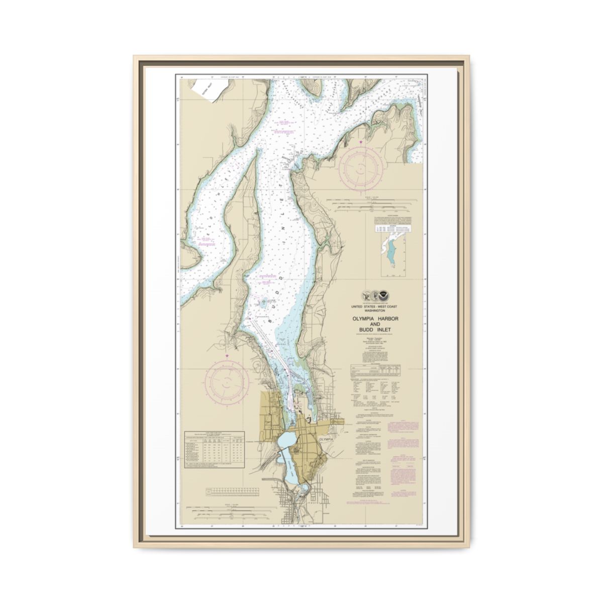 Chart 18456 Olympia Harbor and Budd Inlet - NOAA Nautical Chart Floating Frame Canvas | 20" x 30" | 24" x 36" | 32" x 48" - Natural front