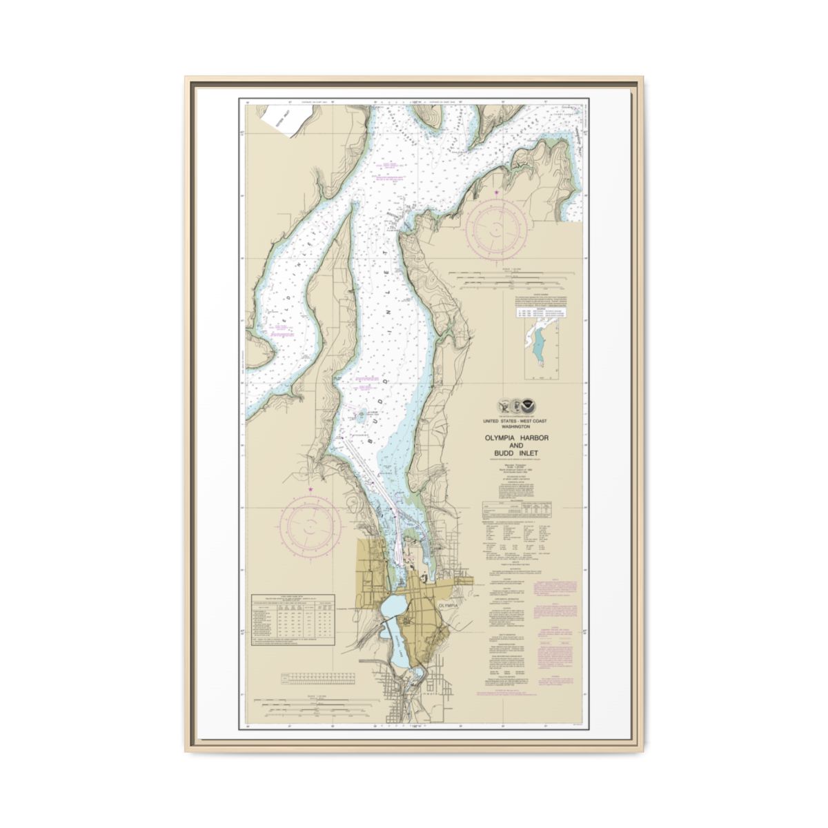 Chart 18456 Olympia Harbor and Budd Inlet - NOAA Nautical Chart Floating Frame Canvas | 20" x 30" | 24" x 36" | 32" x 48" - Natural front