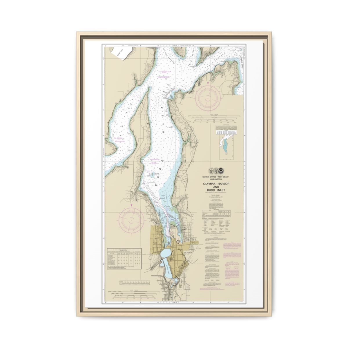 Chart 18456 Olympia Harbor and Budd Inlet - NOAA Nautical Chart Floating Frame Canvas | 20" x 30" | 24" x 36" | 32" x 48" - Natural front