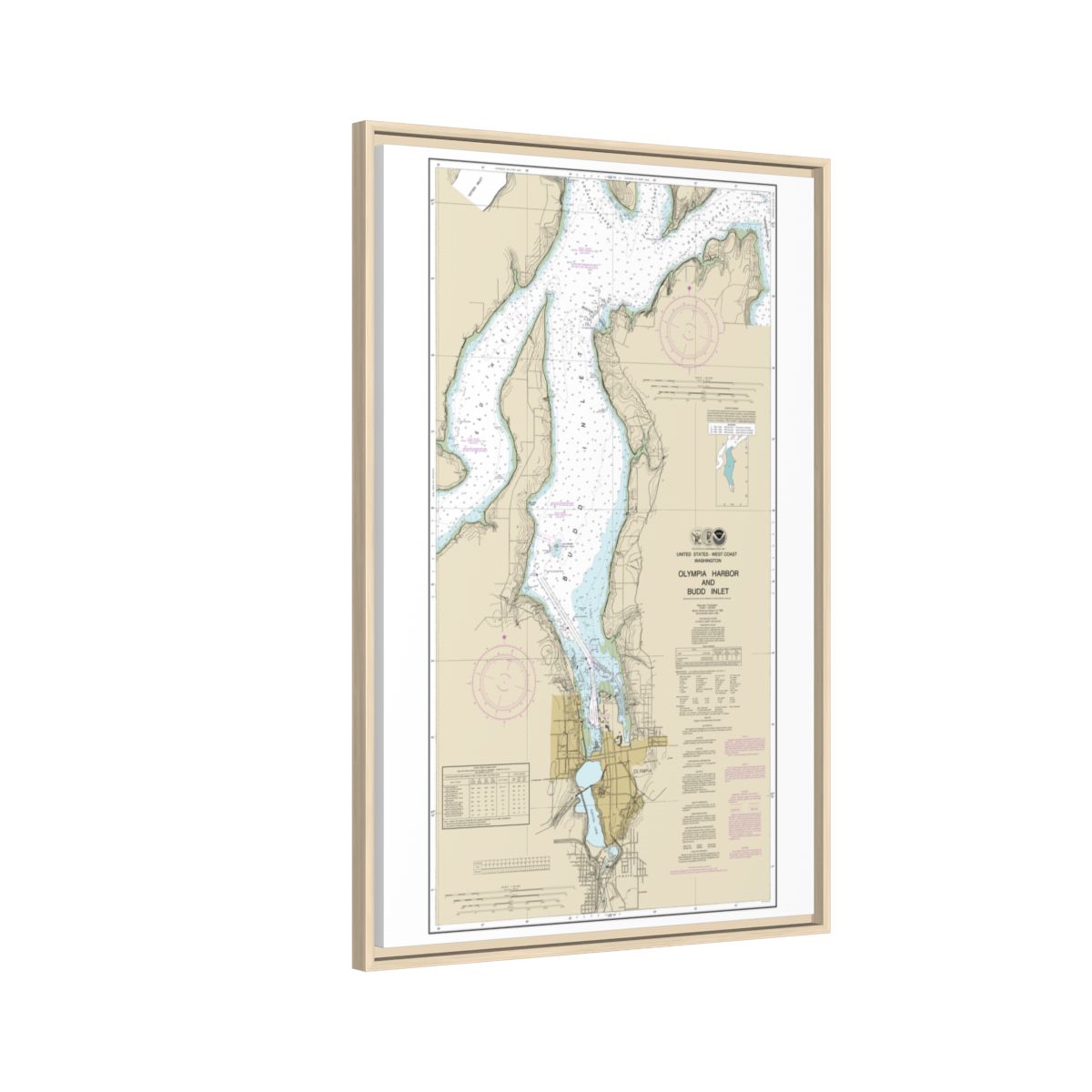 Chart 18456 Olympia Harbor and Budd Inlet - NOAA Nautical Chart Floating Frame Canvas | 20" x 30" | 24" x 36" | 32" x 48" - Natural side