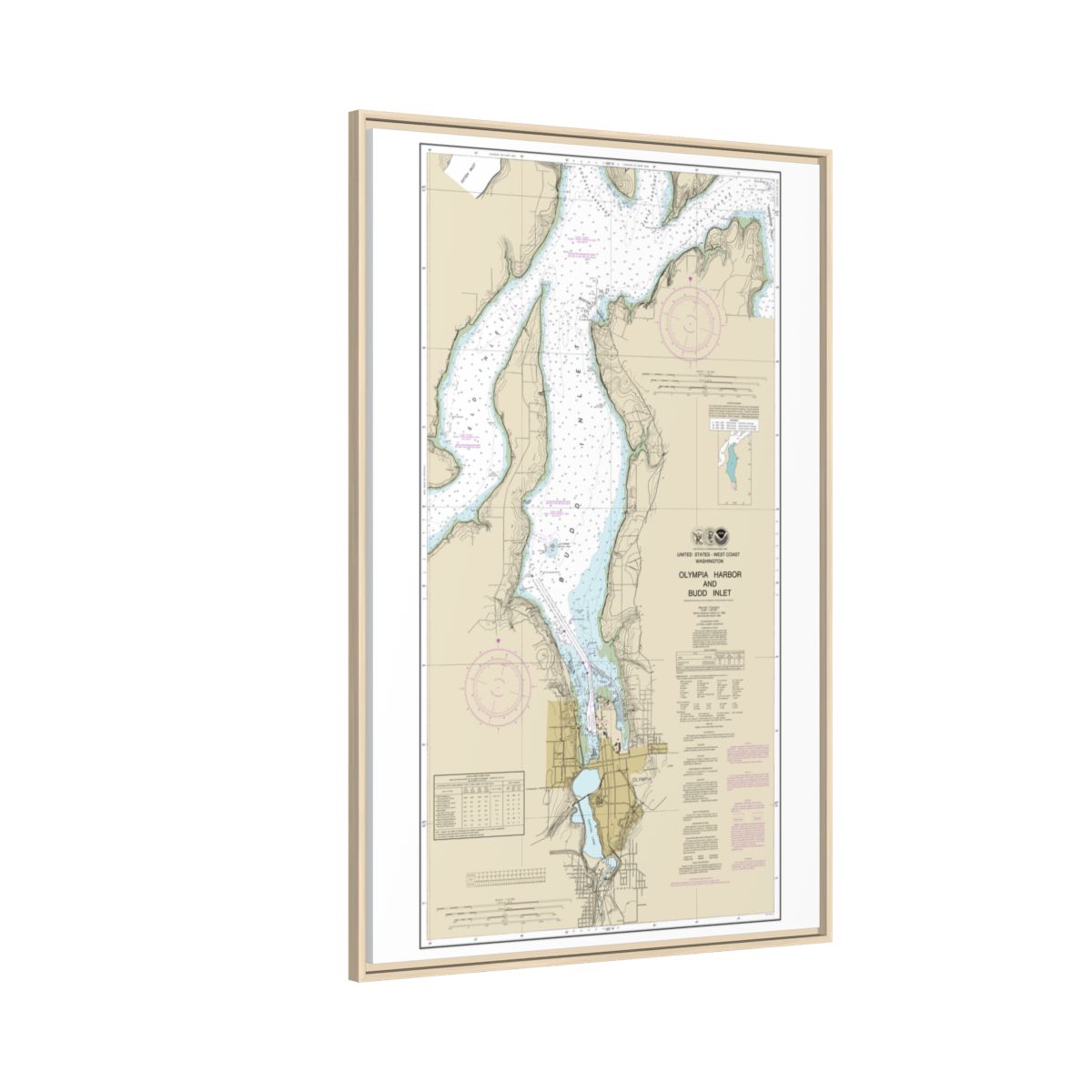Chart 18456 Olympia Harbor and Budd Inlet - NOAA Nautical Chart Floating Frame Canvas | 20" x 30" | 24" x 36" | 32" x 48" - Natural side