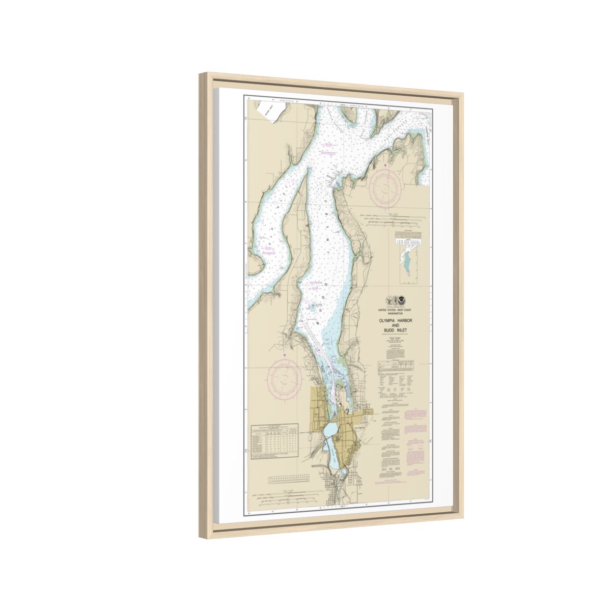 Chart 18456 Olympia Harbor and Budd Inlet - NOAA Nautical Chart Floating Frame Canvas | 20" x 30" | 24" x 36" | 32" x 48" - Natural side