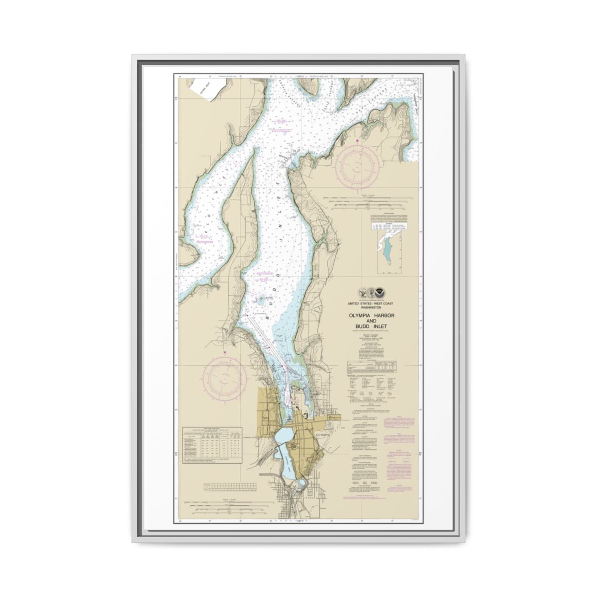 Chart 18456 Olympia Harbor and Budd Inlet - NOAA Nautical Chart Floating Frame Canvas | 20" x 30" | 24" x 36" | 32" x 48" - White front